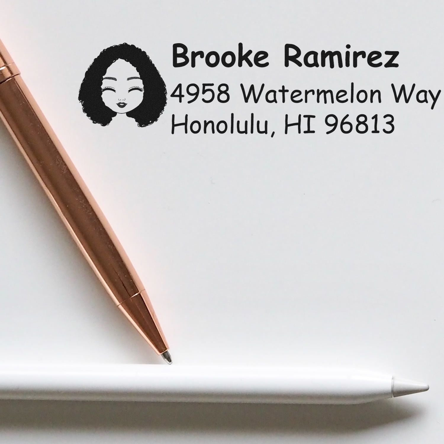Custom address rubber stamp for Brooke Ramirez, 4958 Watermelon Way, Honolulu, HI 96813.