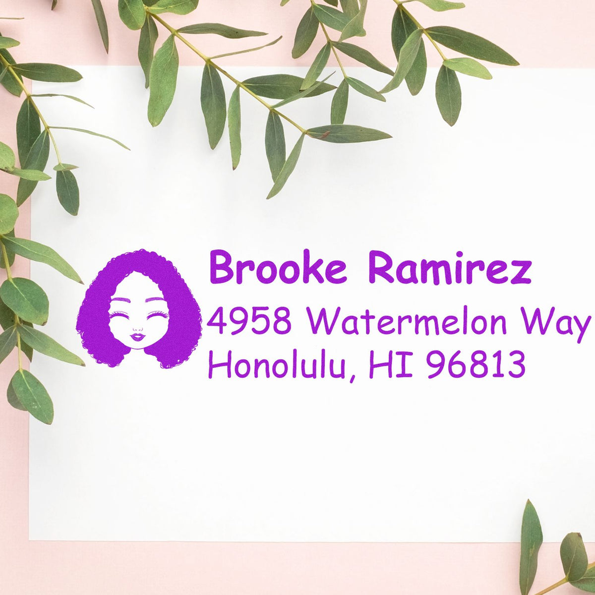 Custom purple rubber address stamp with Brooke Ramirez name and Honolulu, HI return address.