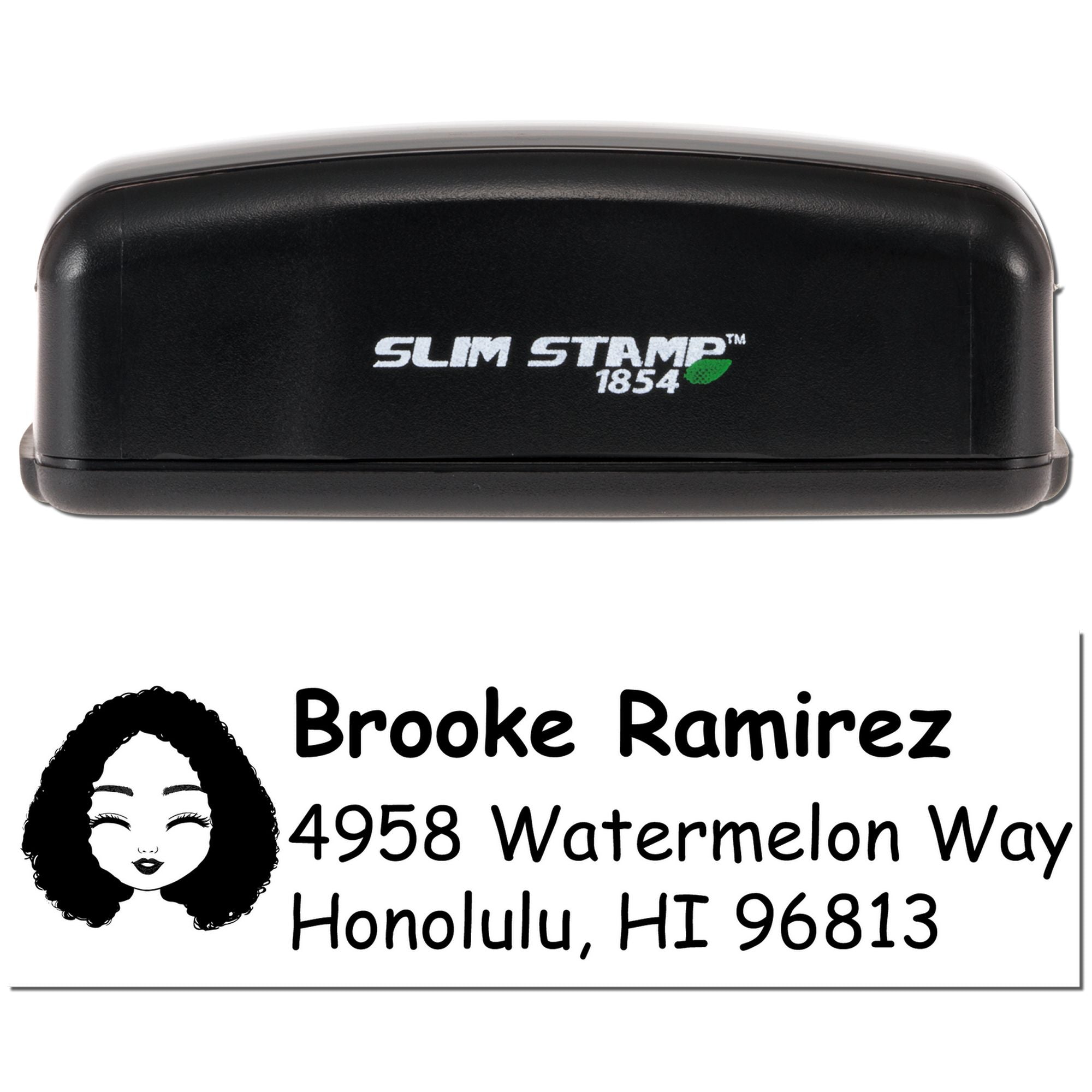 Slim Stamp 1854 self-inking rubber stamp with custom return address design and woman silhouette for personalized mail