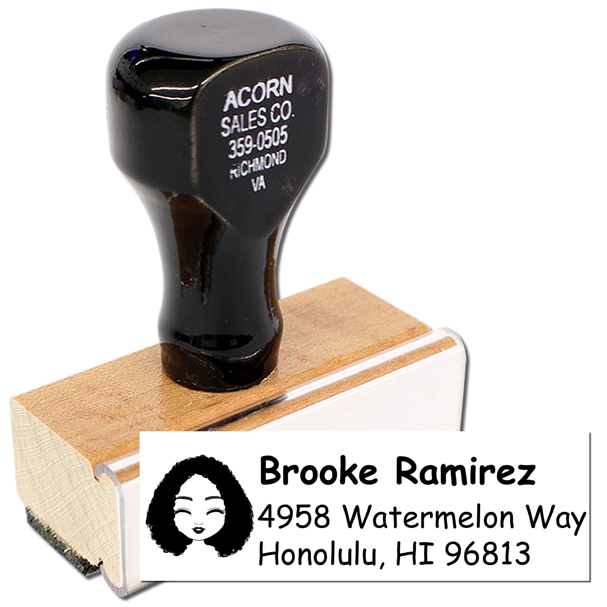 Personalized rubber address stamp with wooden handle for Brooke Ramirez, Honolulu, HI 96813.