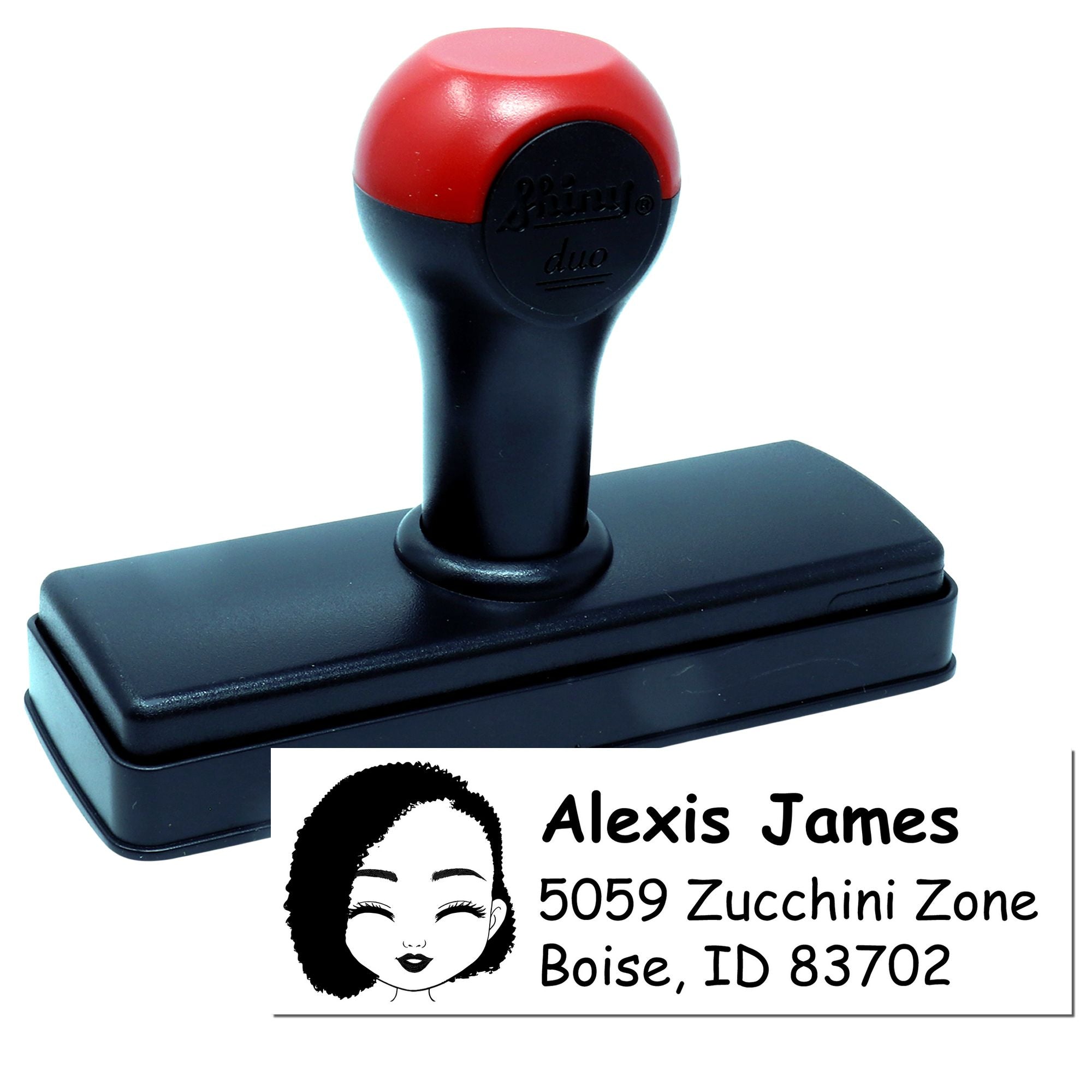 Personalized self-inking return address rubber stamp for mailing with custom name and address design.