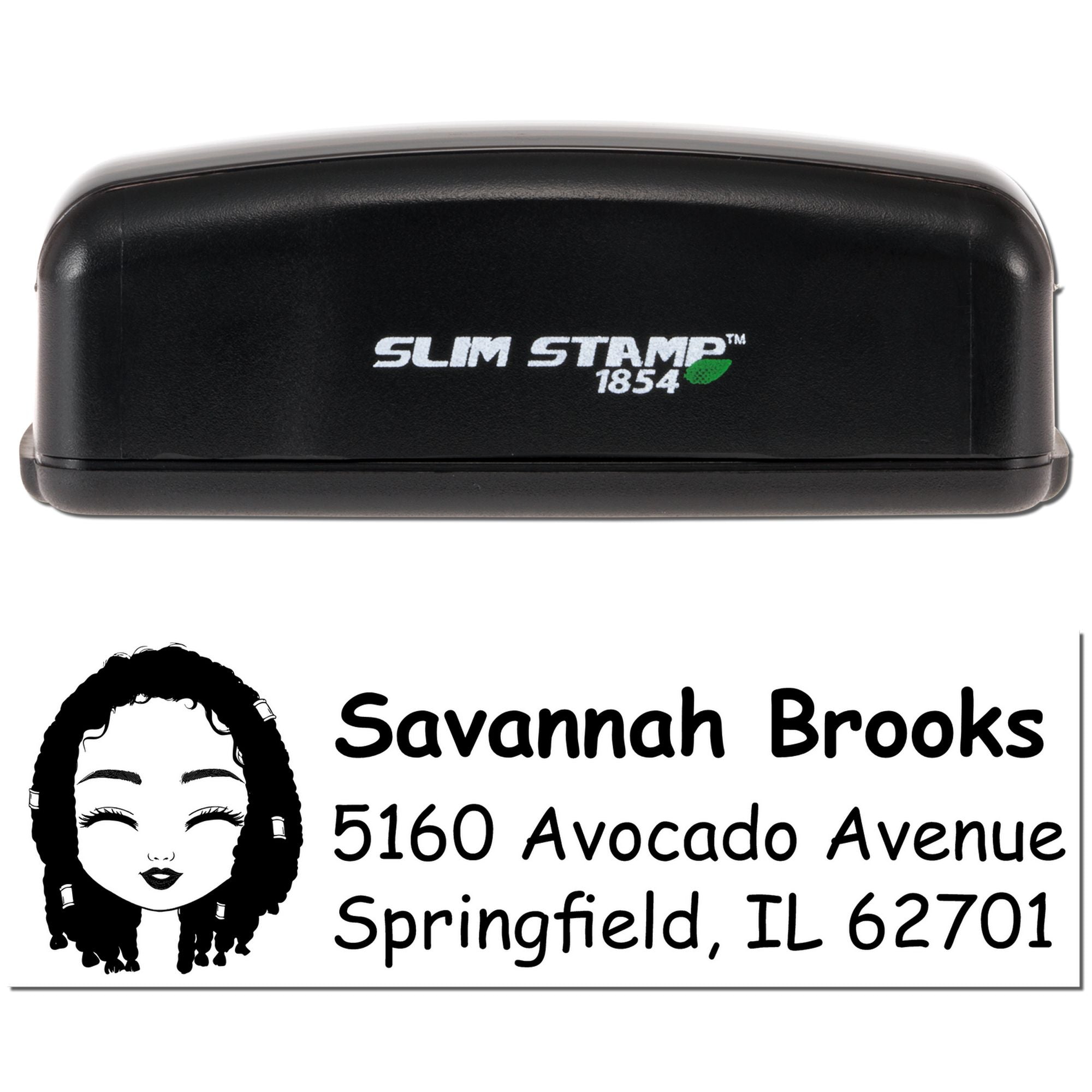 Personalized self-inking rubber address stamp with Slim Stamp 1854 and Savannah Brooks return address, Springfield, IL 62701.
