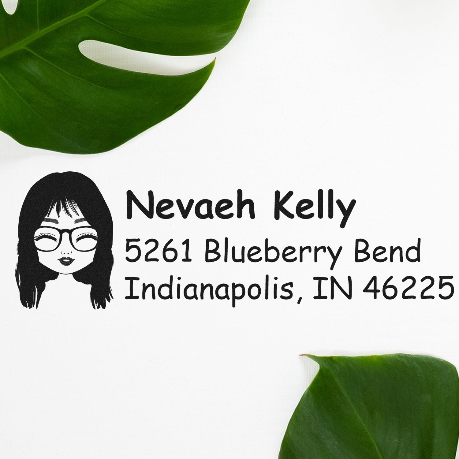 Custom return address rubber stamp with avatar, Nevaeh Kelly, and Indianapolis, IN 46225 mailing address.