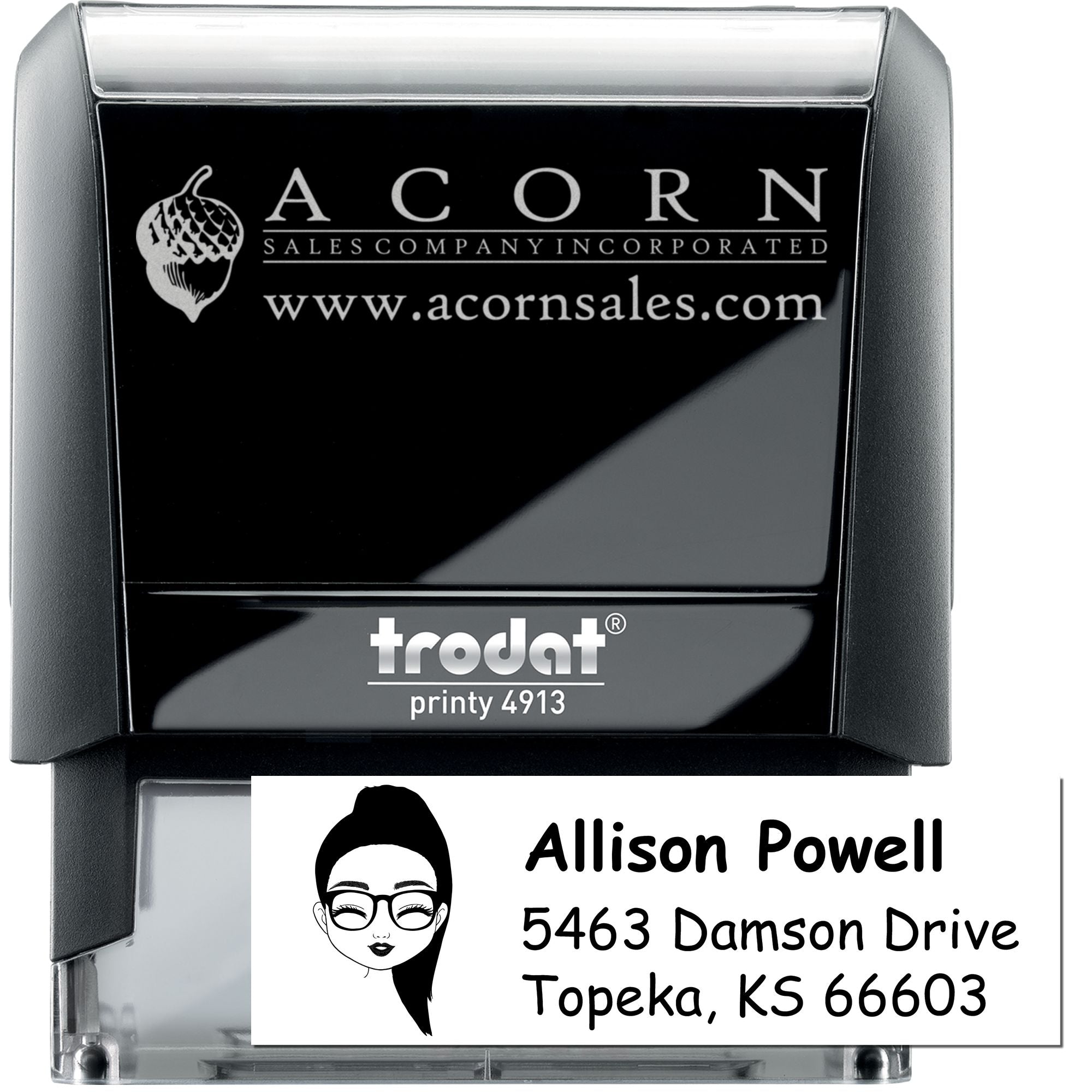 Trodat Printy 4913 custom self-inking rubber stamps for business logo and return address printing.