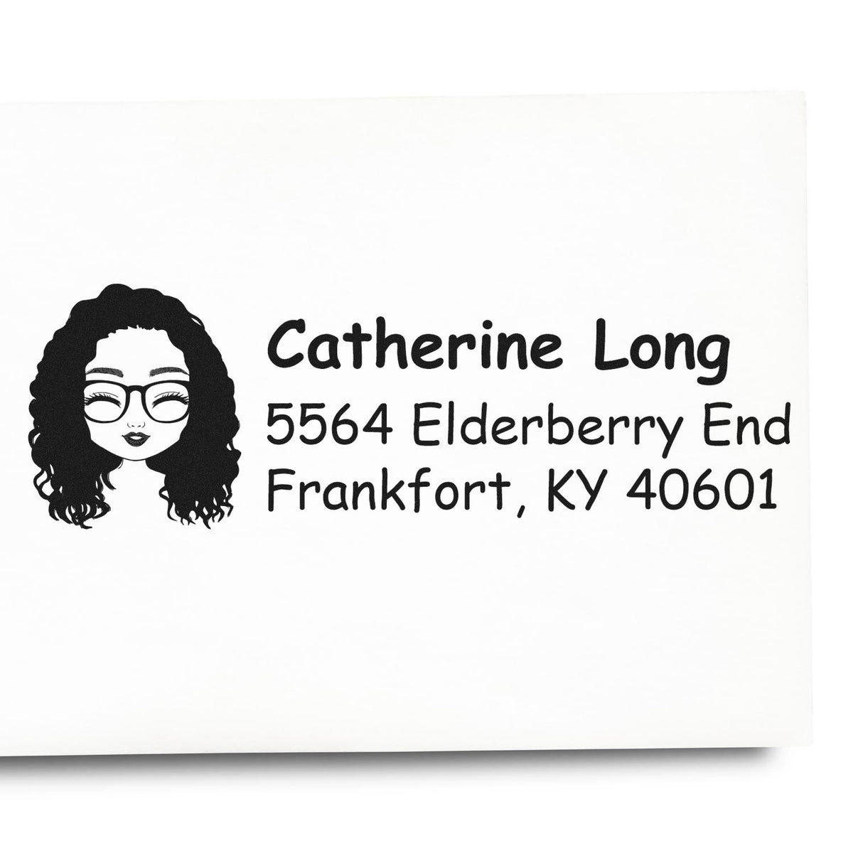 Custom return address rubber stamp with female avatar, Catherine Long, 5564 Elderberry End, Frankfort, KY 40601