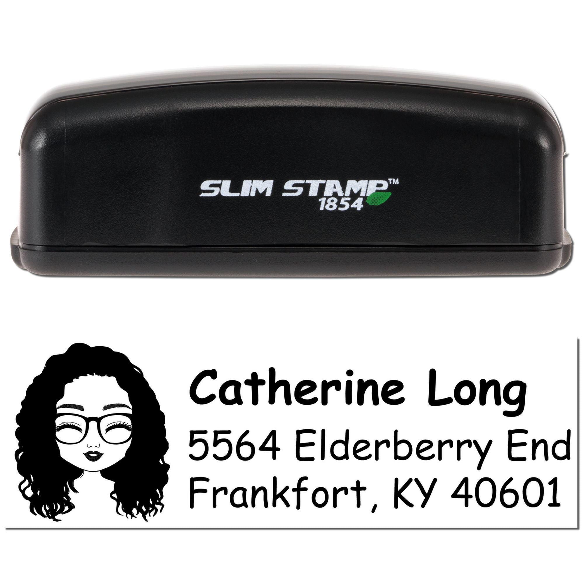Slim Stamp 1854 self-inking custom address rubber stamp with name, portrait, and return address.