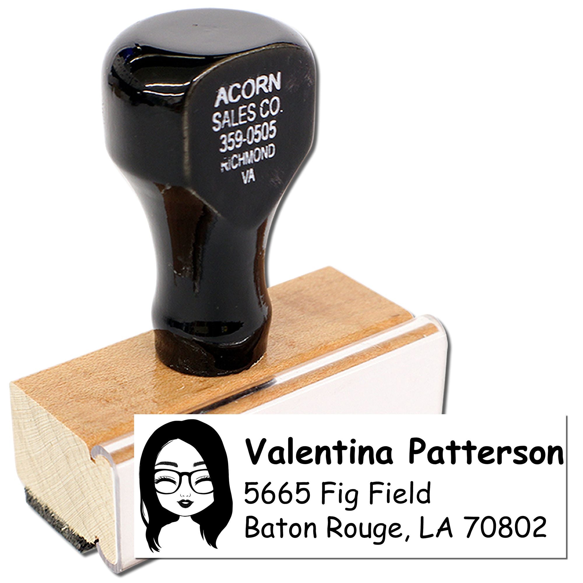 Custom address rubber stamp with wooden handle, personalized return address design for envelopes, business mail, and labeling.