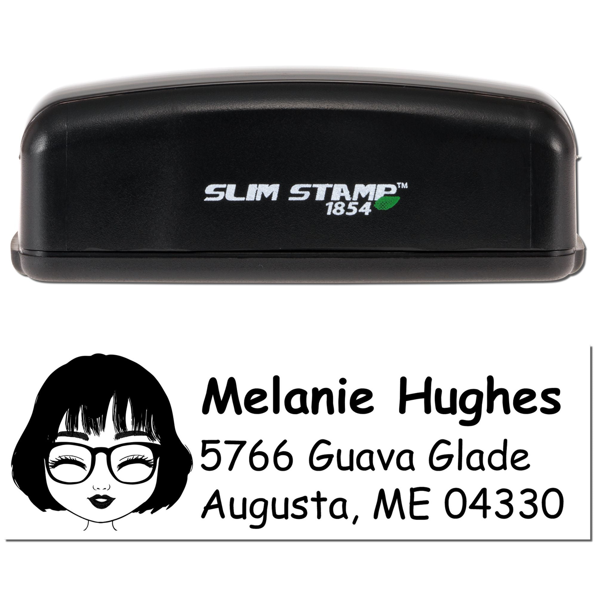 Custom self-inking rubber address stamp with name, address, and portrait logo for personalized mailings.