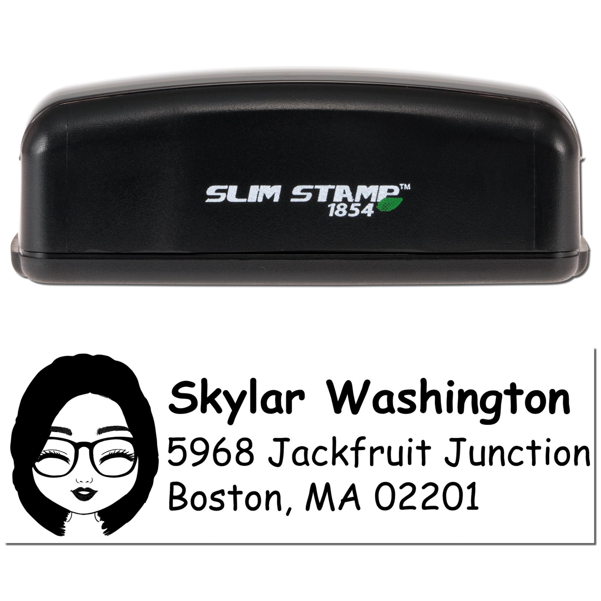 Slim Stamp 1854 self-inking rubber stamp with custom address imprint and logo for business mail and personalized stamping use