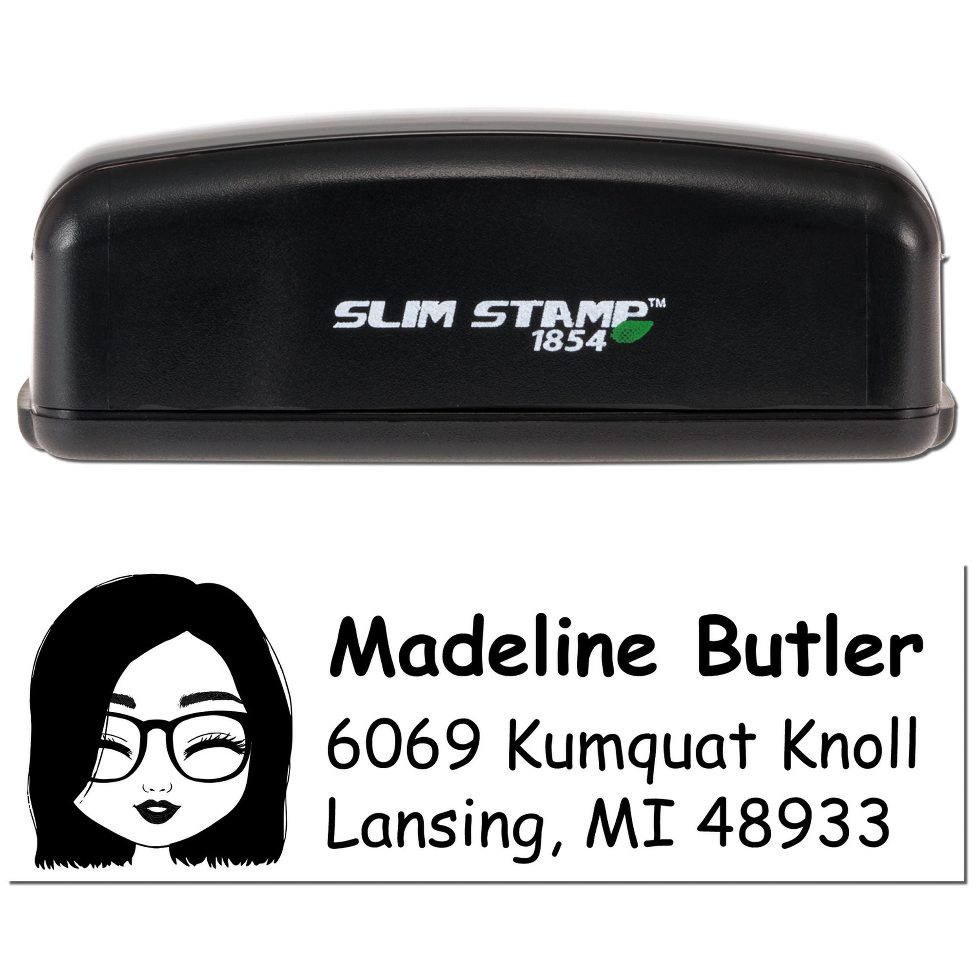 Slim Stamp 1854 custom rubber stamp with personalized return address for Madeline Butler in Lansing, MI.