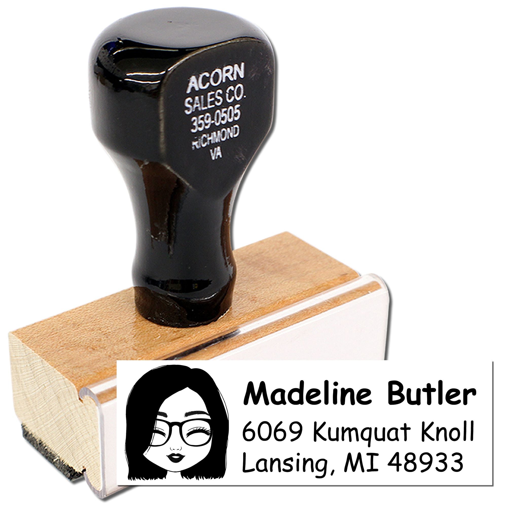 Custom address rubber stamp with personalized name, street address and city for mailing envelopes and return address labels.