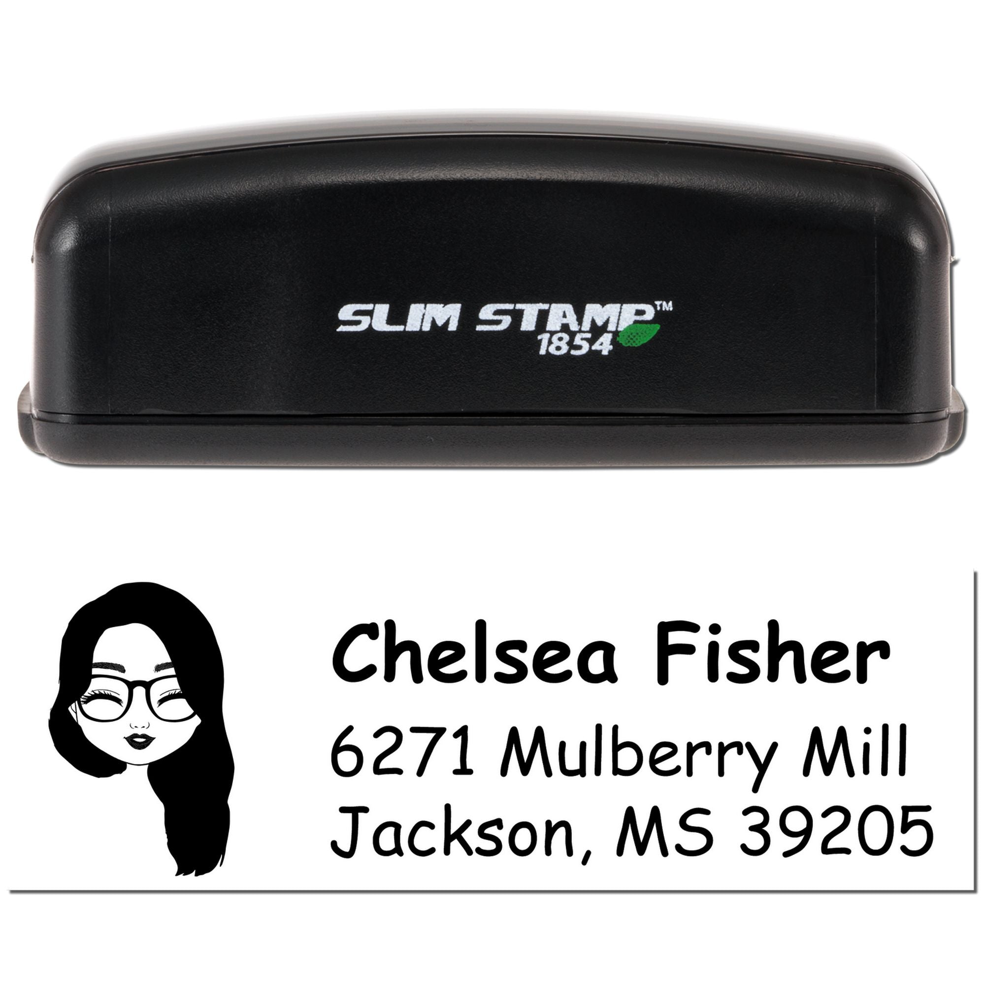 Custom self-inking Slim Stamp 1854 rubber stamp with personalized name, address, and avatar for return mailing labels.