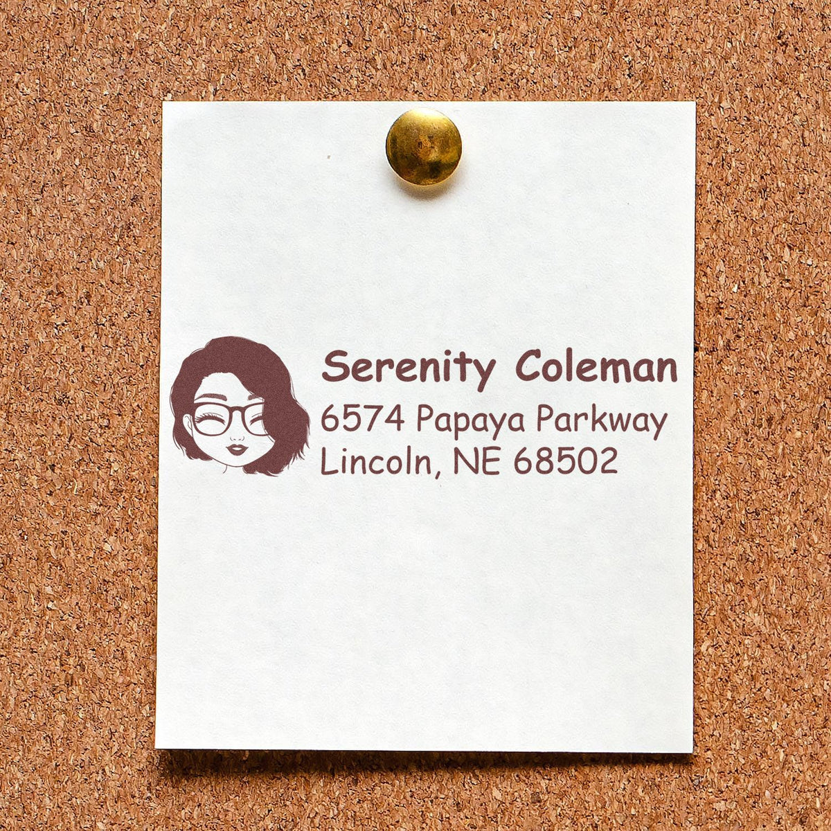 Custom return address rubber stamp for Serenity Coleman, with Lincoln, NE address and woman illustration on a note.