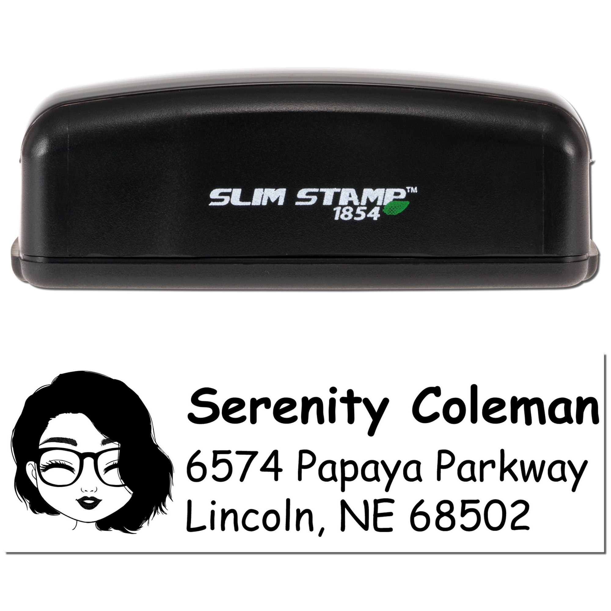 Slim Stamp 1854 custom address rubber stamp with name, avatar, and return address imprint