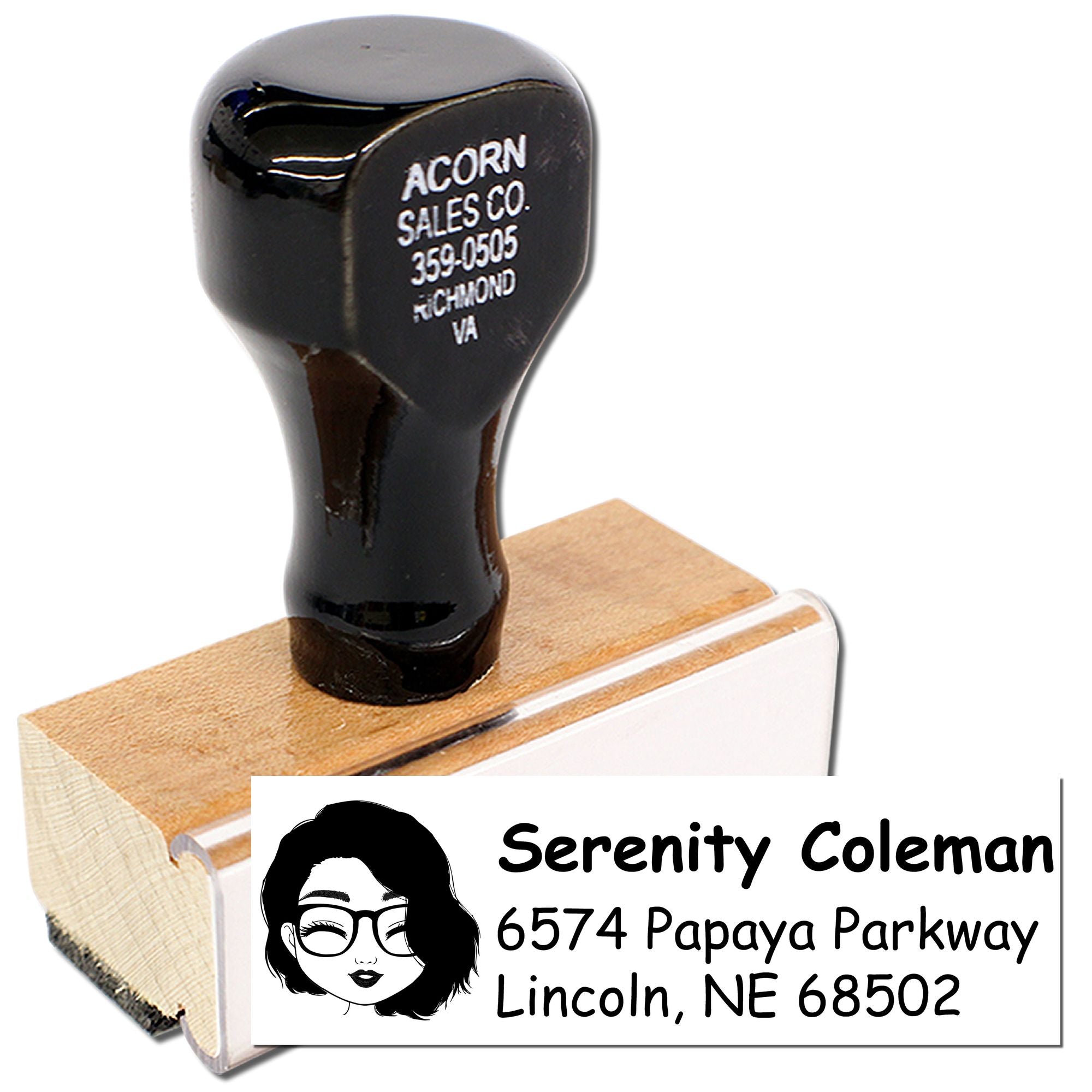 Personalized address rubber stamp with wooden handle, ideal for business mailing, envelopes, and packaging labels.