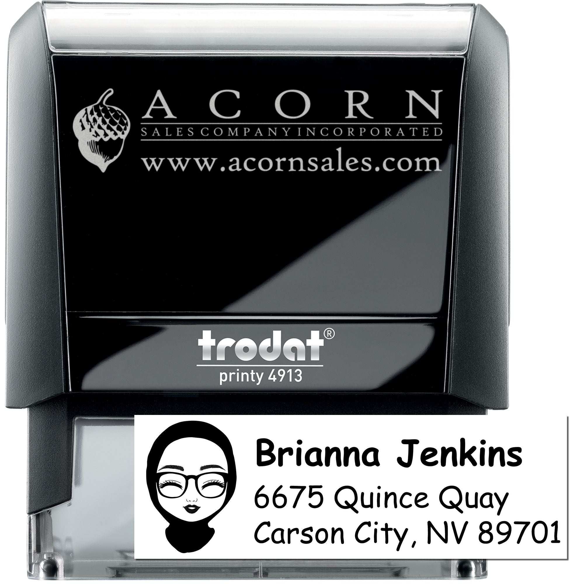 Custom self-inking rubber stamp for business logo and address, Trodat Printy 4913 personalized branding stamp.