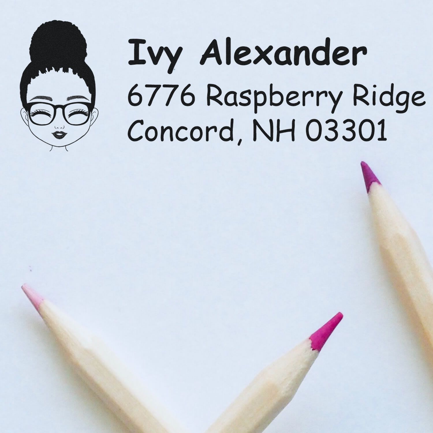 Personalized return address rubber stamp featuring a girl design for Ivy Alexander, Concord, NH 03301.