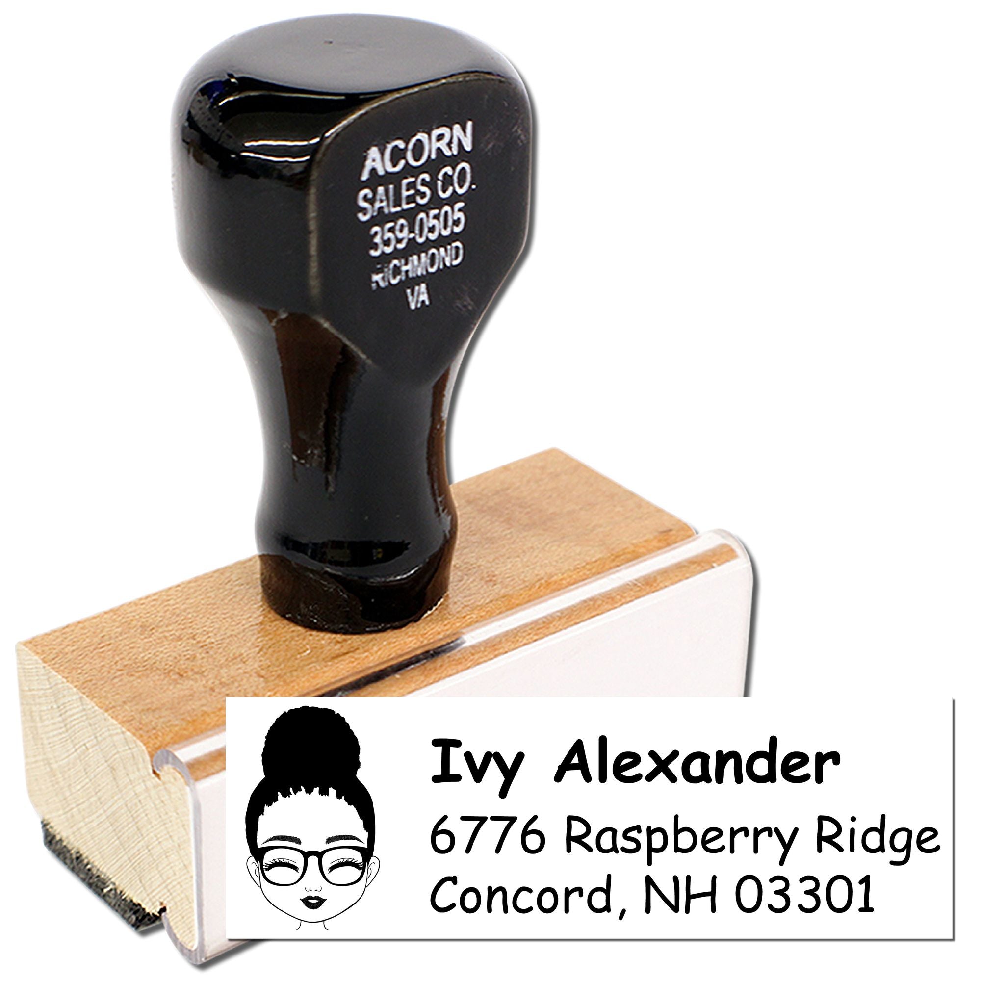 Custom return address rubber stamp with female avatar, name, and address for personalized mailing and business use.