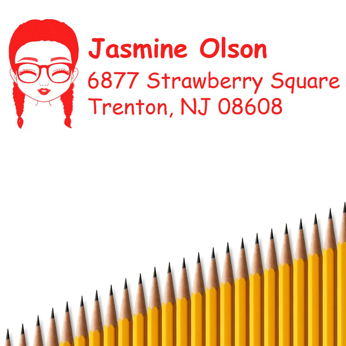 Custom address rubber stamp with girl logo for Jasmine Olson, 6877 Strawberry Square, Trenton, NJ 08608.