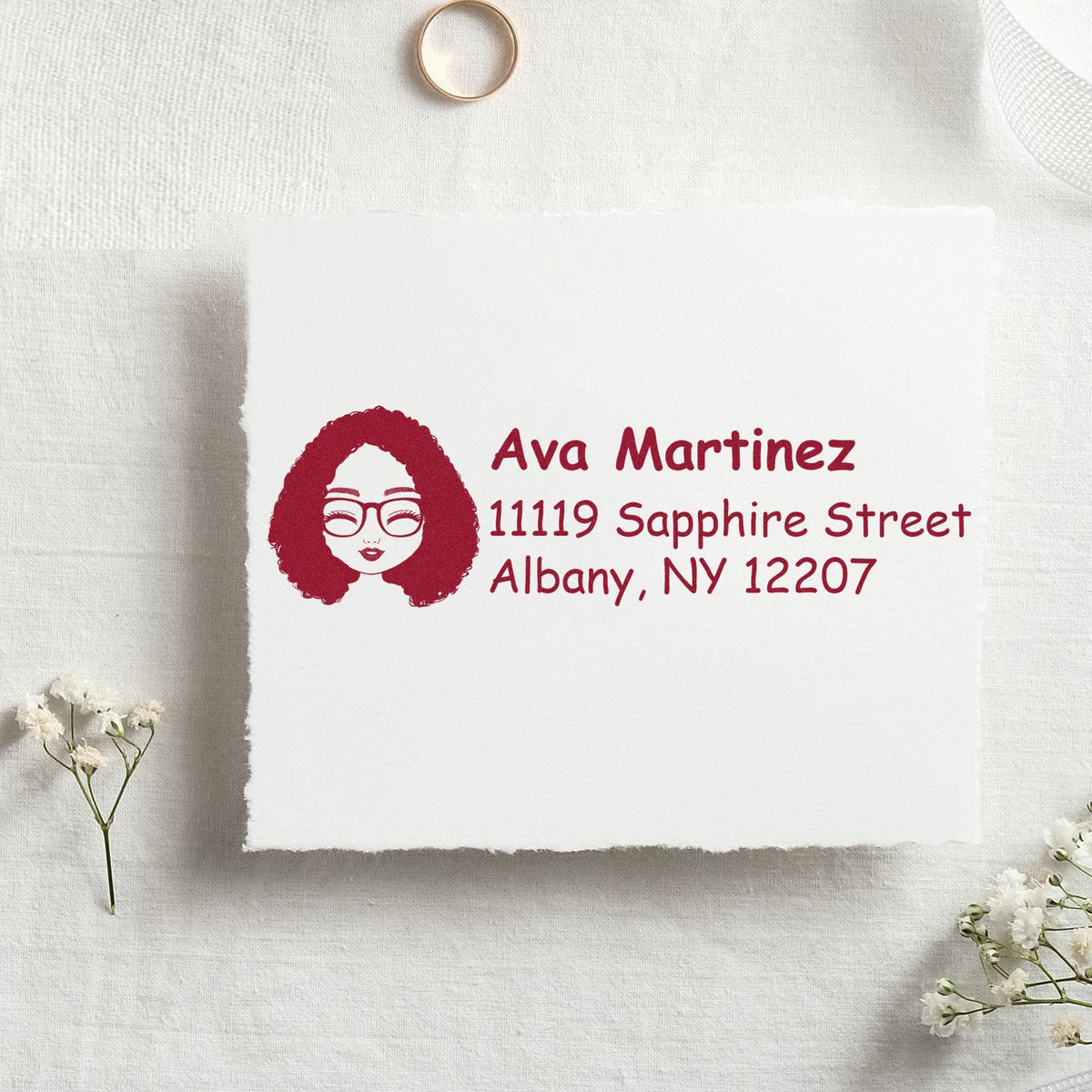 Custom address rubber stamp with woman avatar design, personalized name and Albany, NY return address for envelopes.