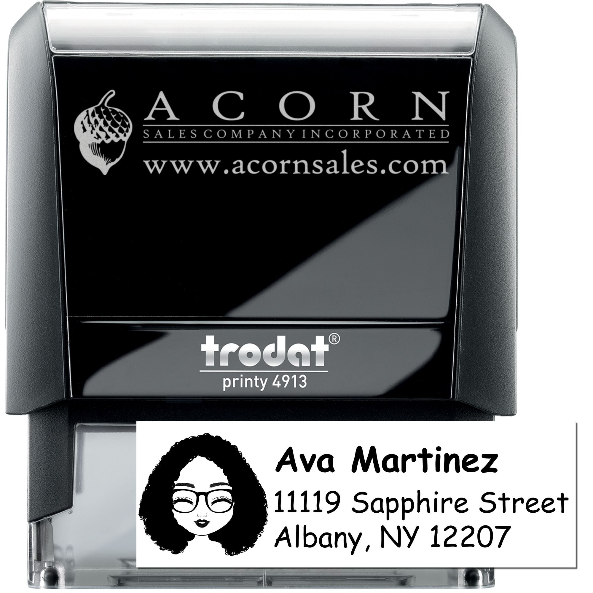 Custom self-inking rubber stamp with logo, name and address on Trodat Printy 4913 for business mailing.