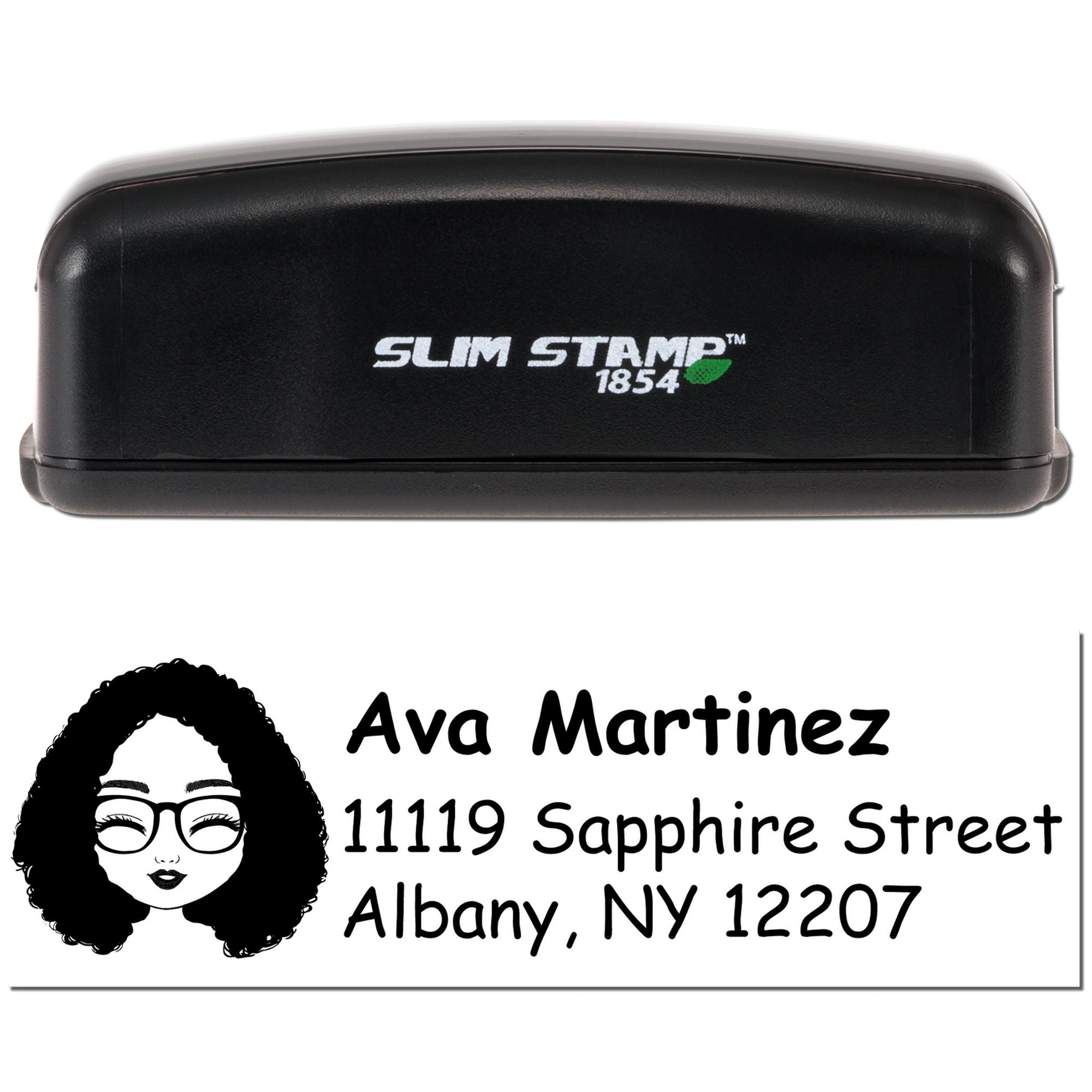 Custom self-inking address rubber stamp with Slim Stamp 1854 case and personalized name-and-address imprint.
