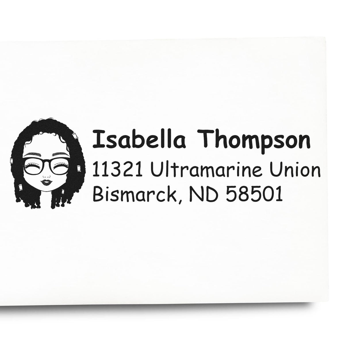Personalized return address rubber stamp with avatar, Isabella Thompson, 11321 Ultramarine Union, Bismarck, ND 58501.