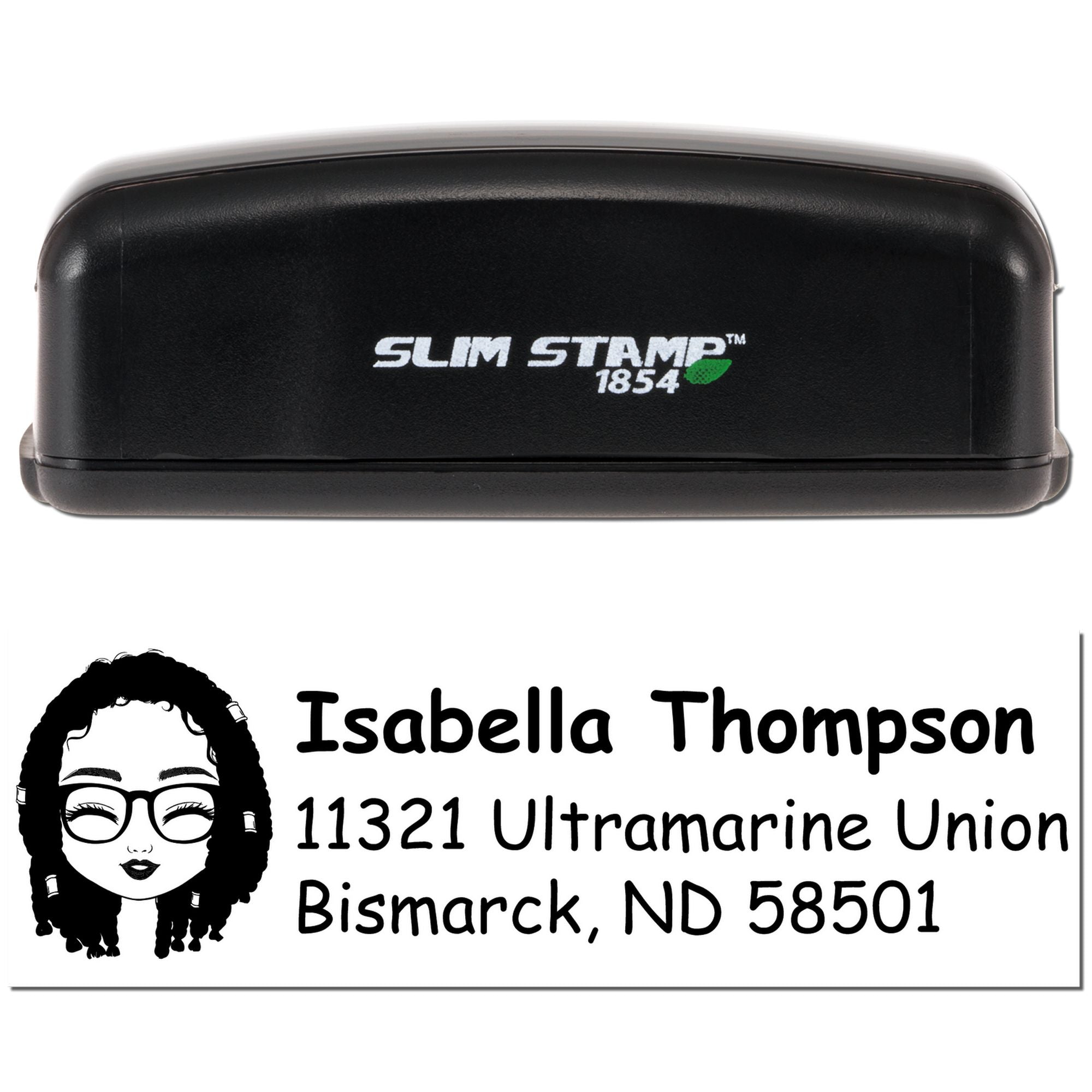 Personalized self-inking rubber stamp with custom return address imprint for Isabella Thompson, Bismarck ND