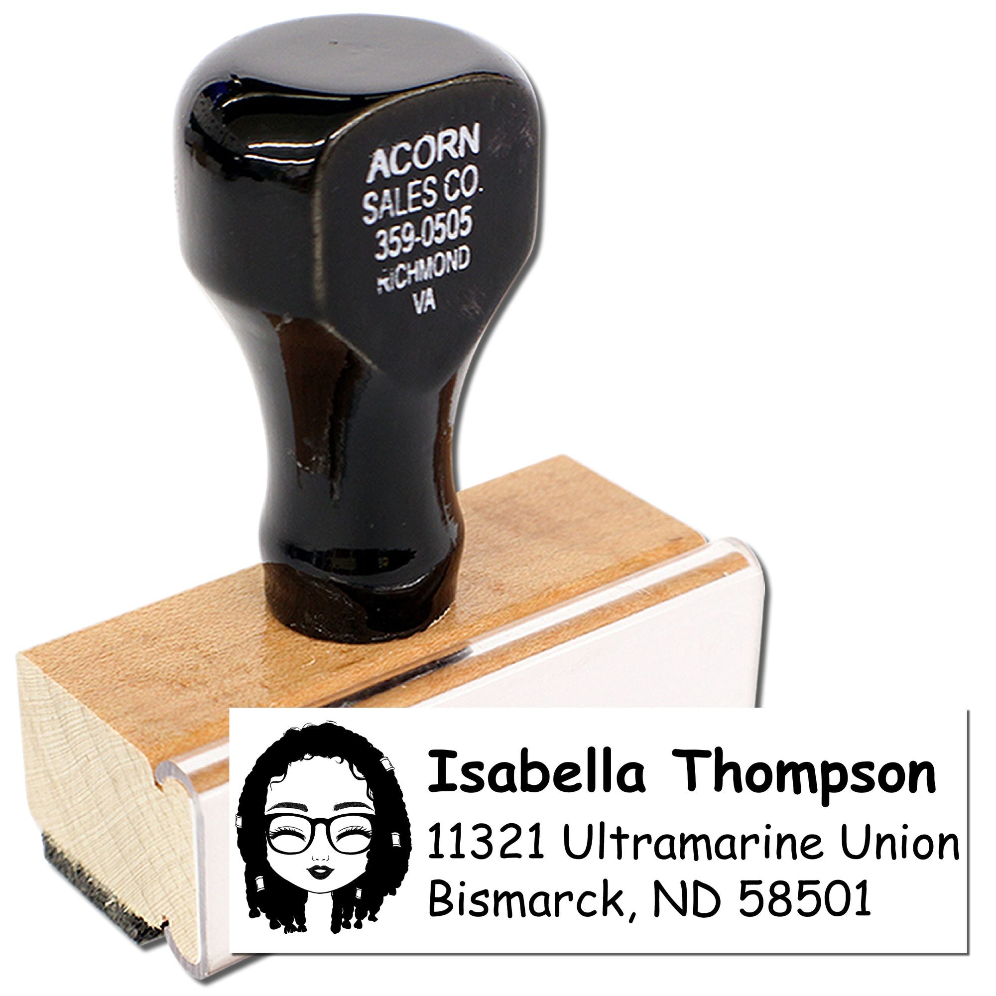Custom return address rubber stamp with personalized name, address and logo for business mailing labels.