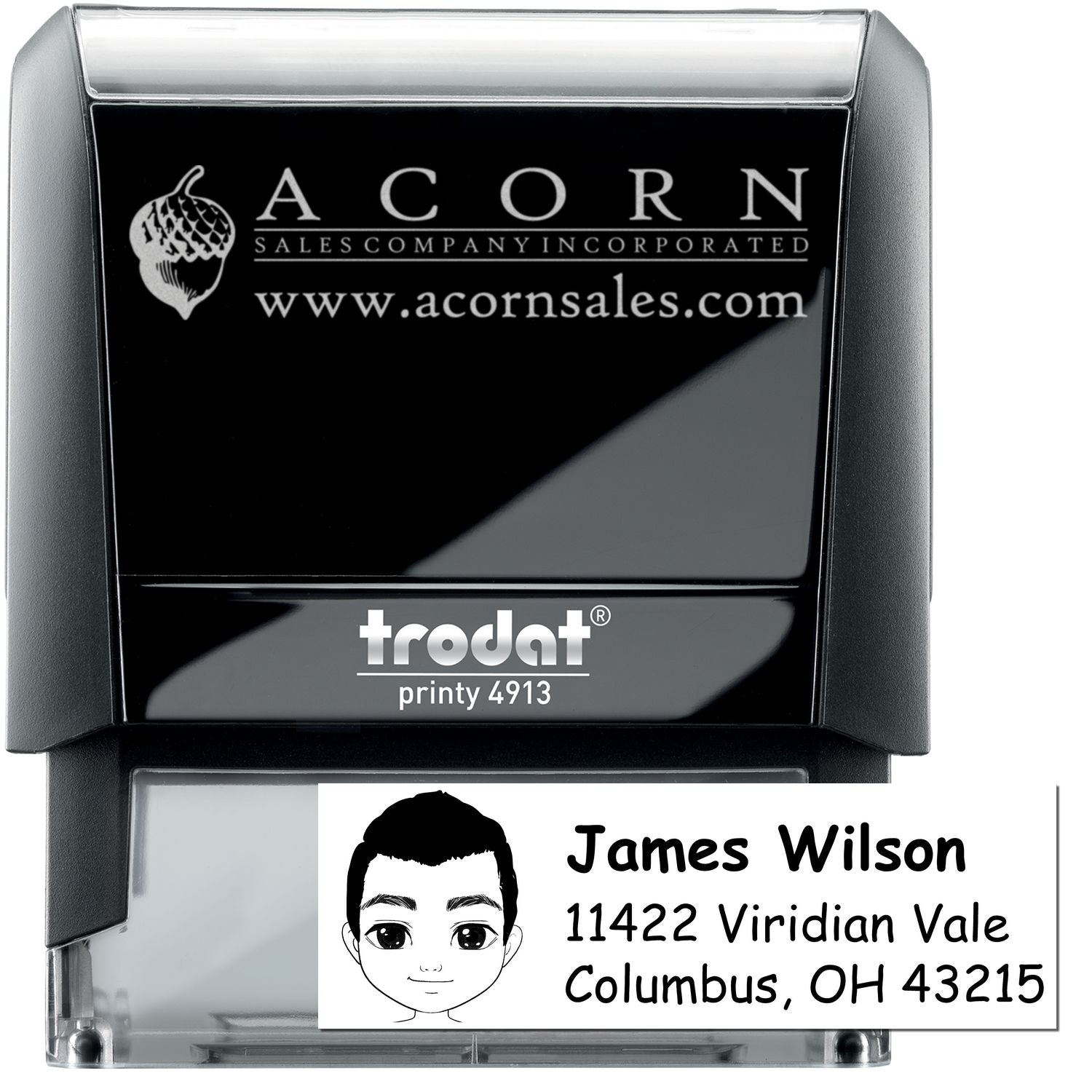 Custom Trodat Printy 4913 self-inking rubber stamp with logo and personalized address for business mailings.