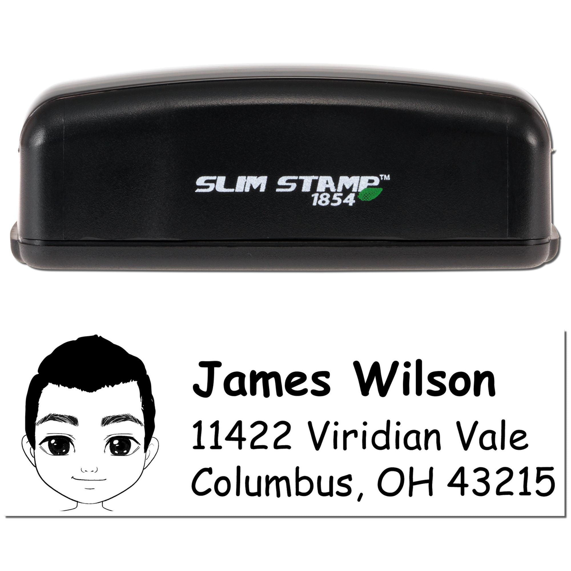 Slim Stamp 1854 self-inking rubber stamp with custom name, address and avatar for personalized mailing labels.
