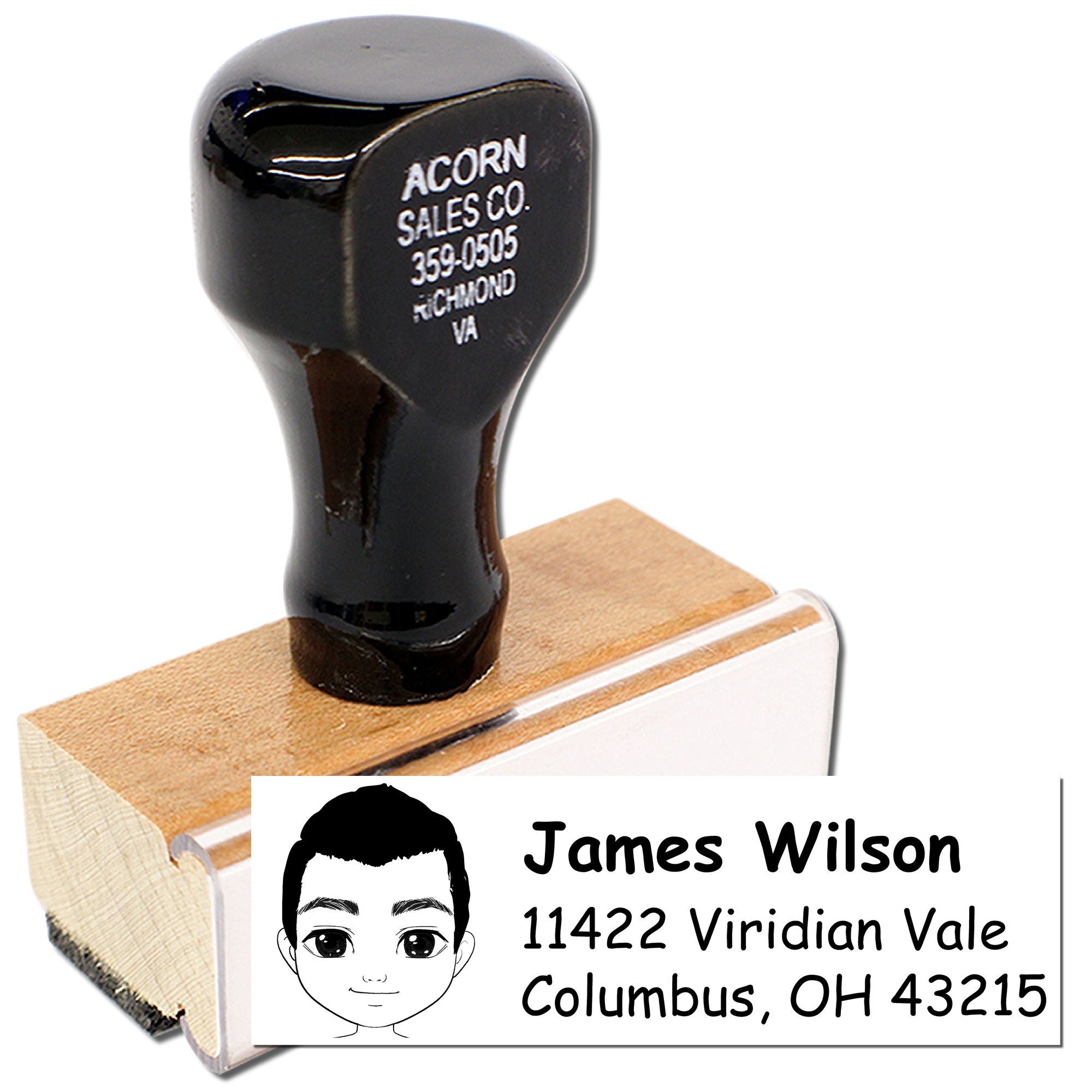 Personalized return address rubber stamp with name, address and avatar for custom mail and envelope labeling.