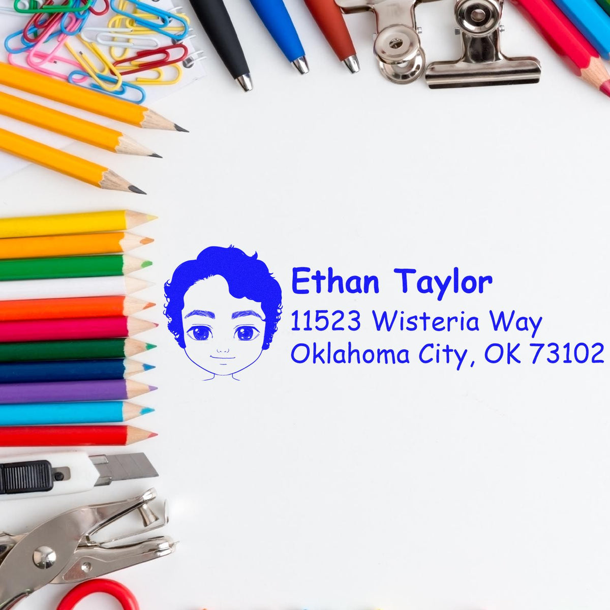 Custom return address rubber stamp for Ethan Taylor, Oklahoma City, with child portrait and school supplies