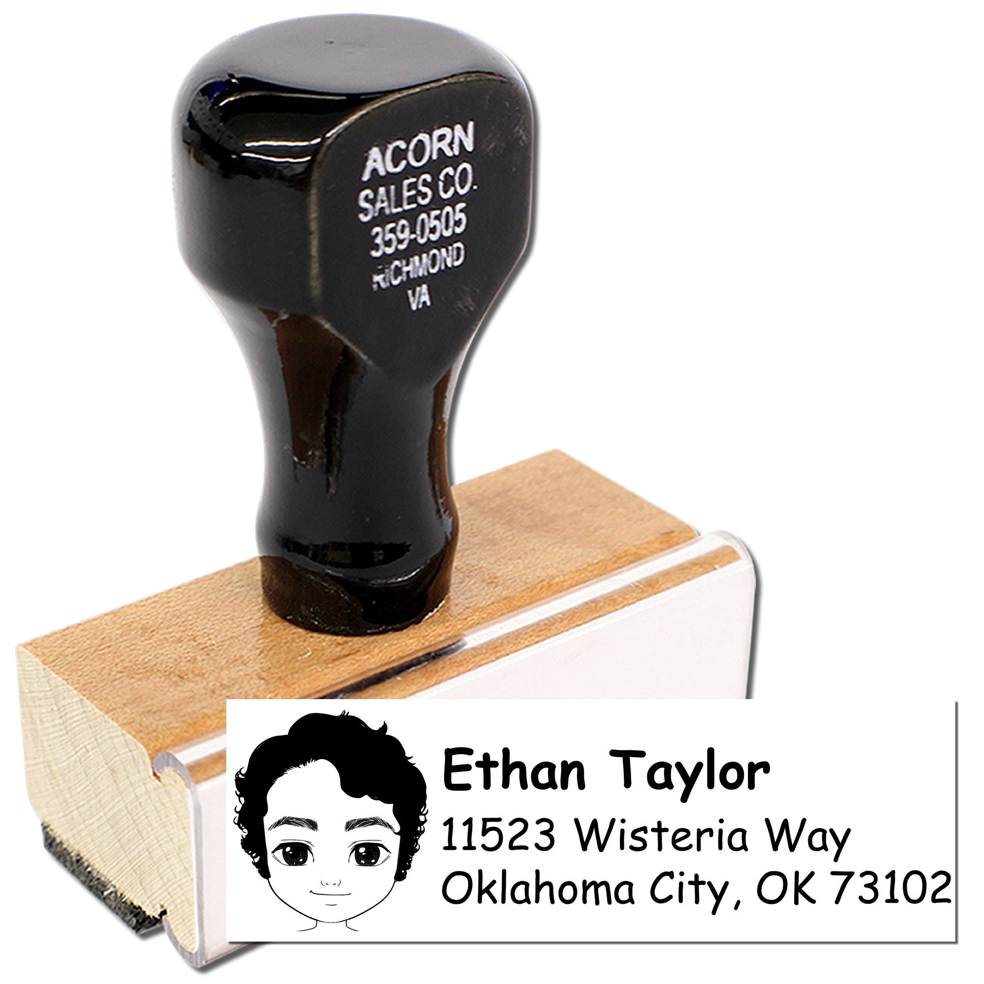 Personalized return address rubber stamp with wooden handle, featuring Ethan Taylor address imprint.