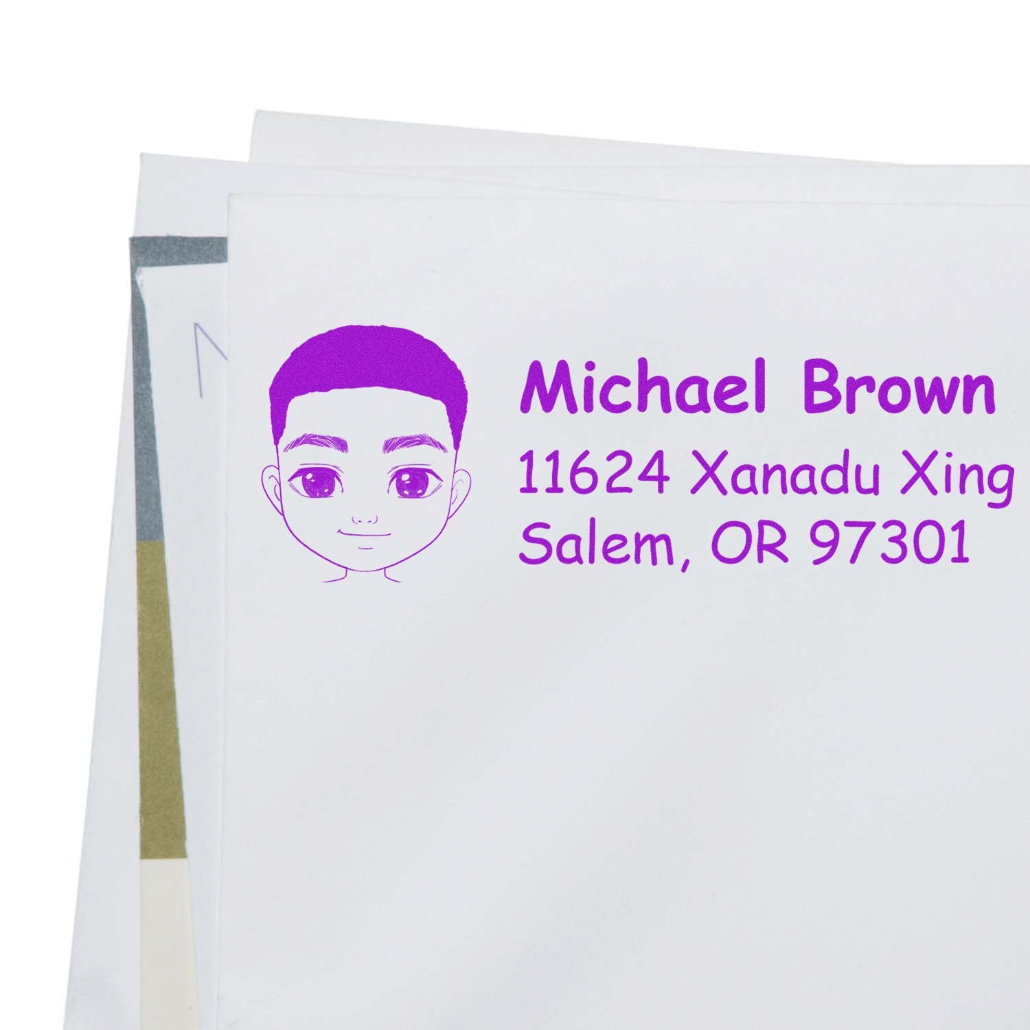 Custom rubber stamp with cartoon portrait and purple return address for Michael Brown, Salem, OR 97301.