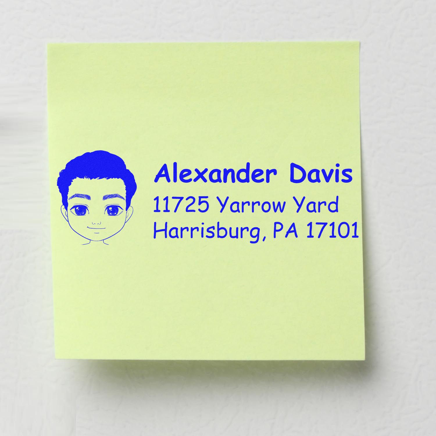 Personalized return address rubber stamp with cartoon boy icon, Alexander Davis, Harrisburg, PA 17101.