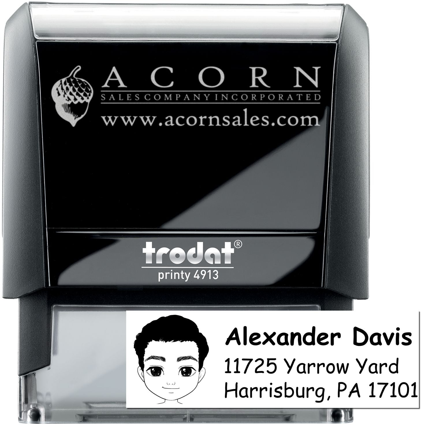 Custom Trodat Printy 4913 self-inking rubber stamp with logo, name and address for business branding.
