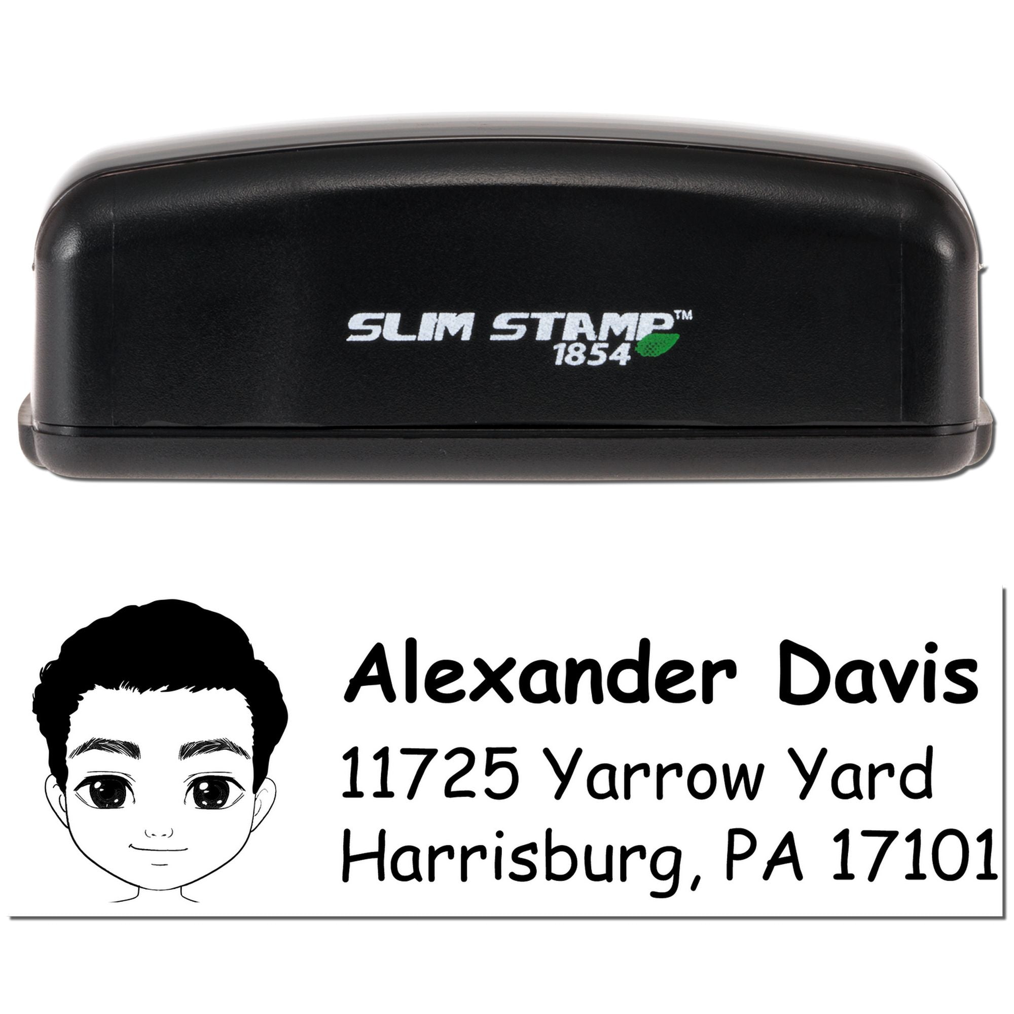 Slim Stamp 1854 self-inking rubber stamp with custom personalized address design for Alexander Davis, Harrisburg PA