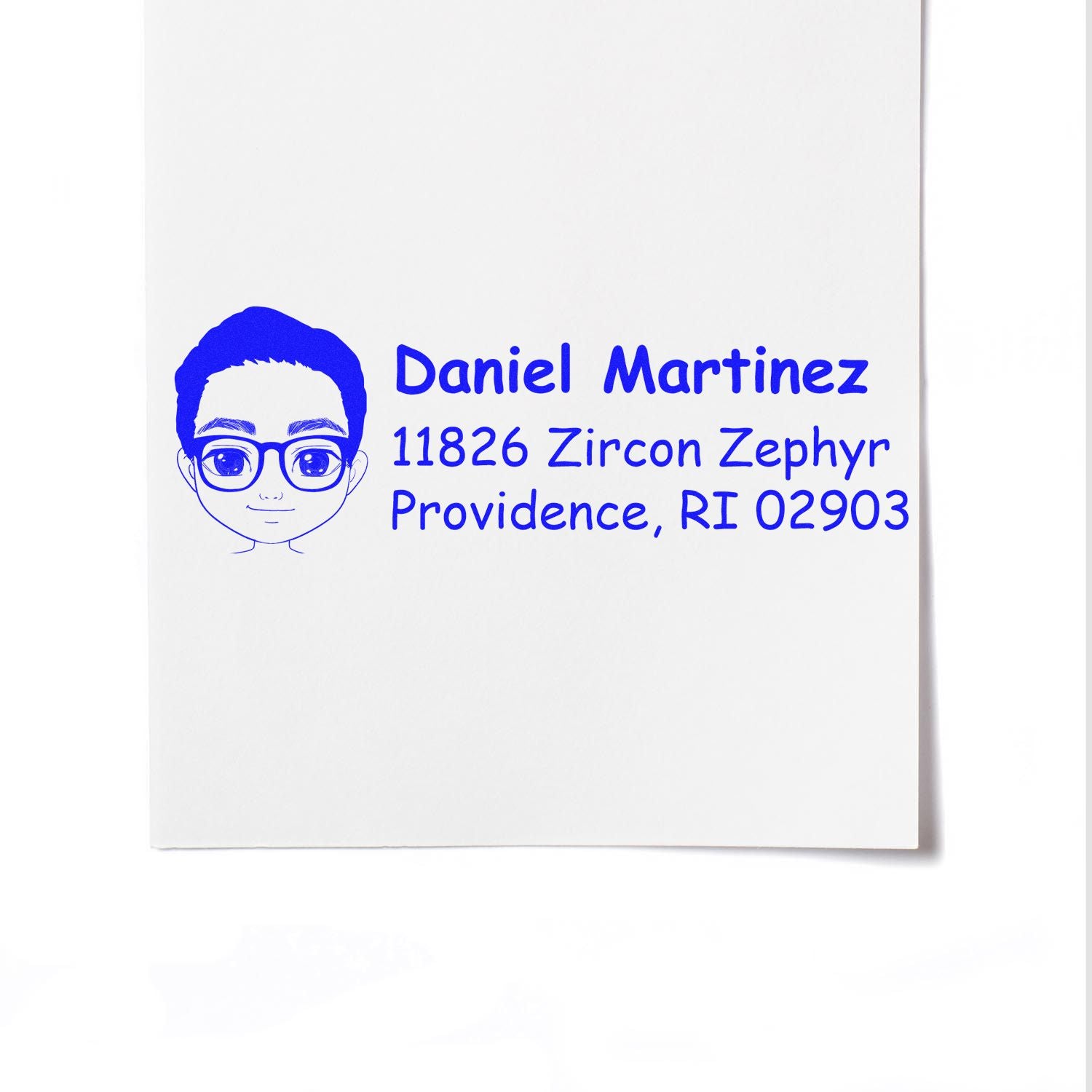 Personalized address rubber stamp with avatar, Daniel Martinez, 11826 Zircon Zephyr, Providence, RI 02903