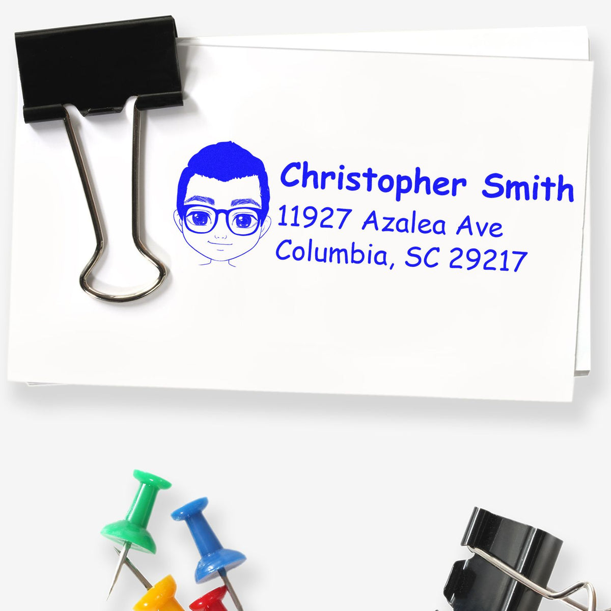 Custom rubber address stamp sample showing Christopher Smith name and Columbia, SC mailing address.