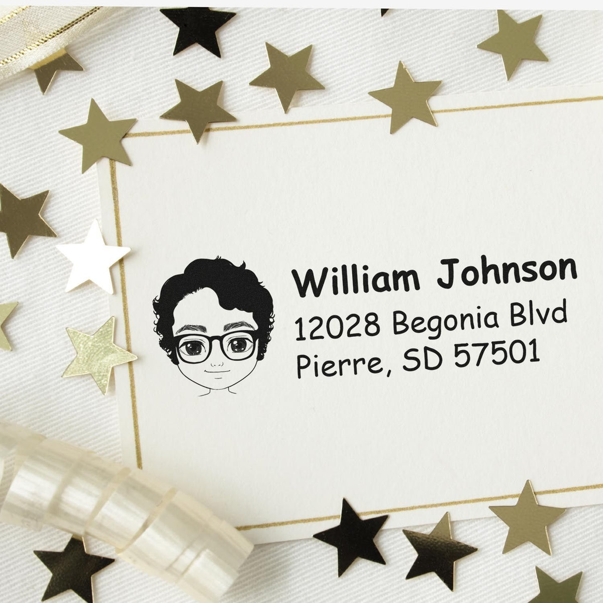 Custom return address rubber stamp with cartoon portrait, William Johnson name, and Pierre, SD 57501 mailing address.