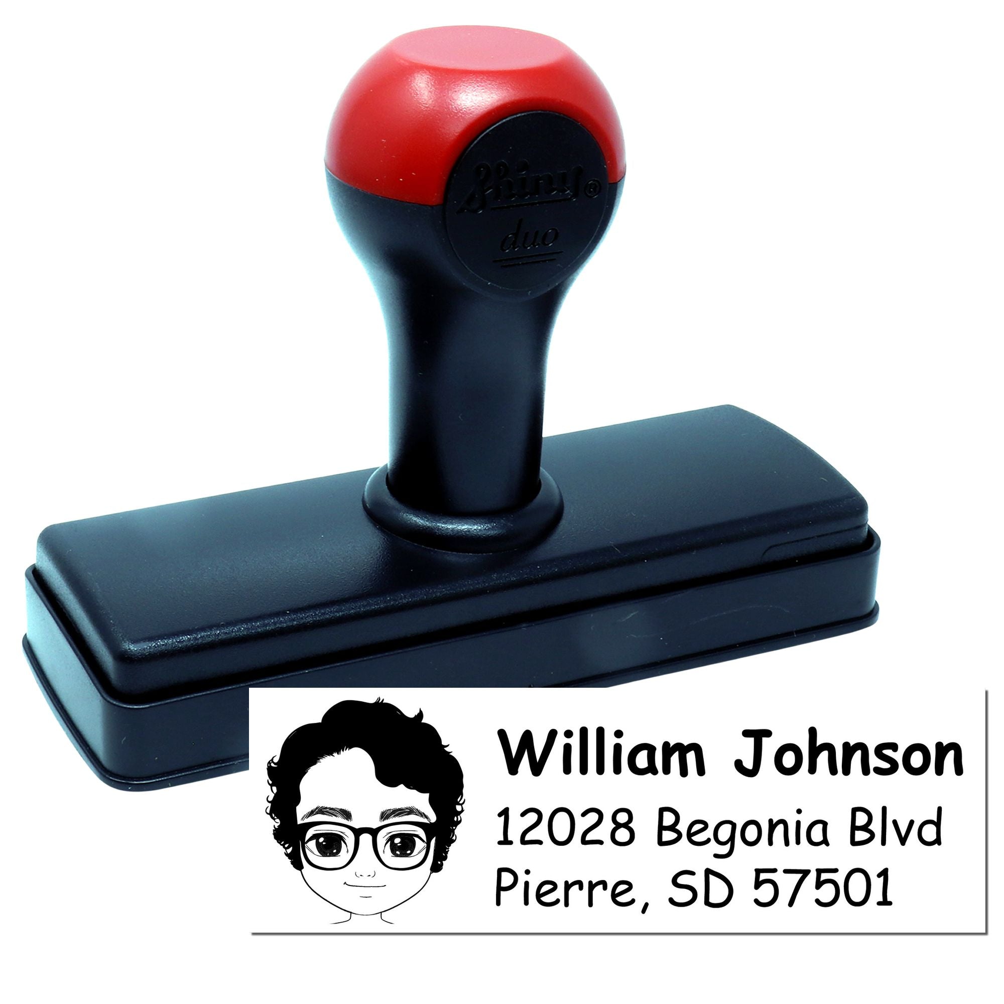 Personalized self-inking rubber address stamp with custom name, portrait icon, and return mailing address.
