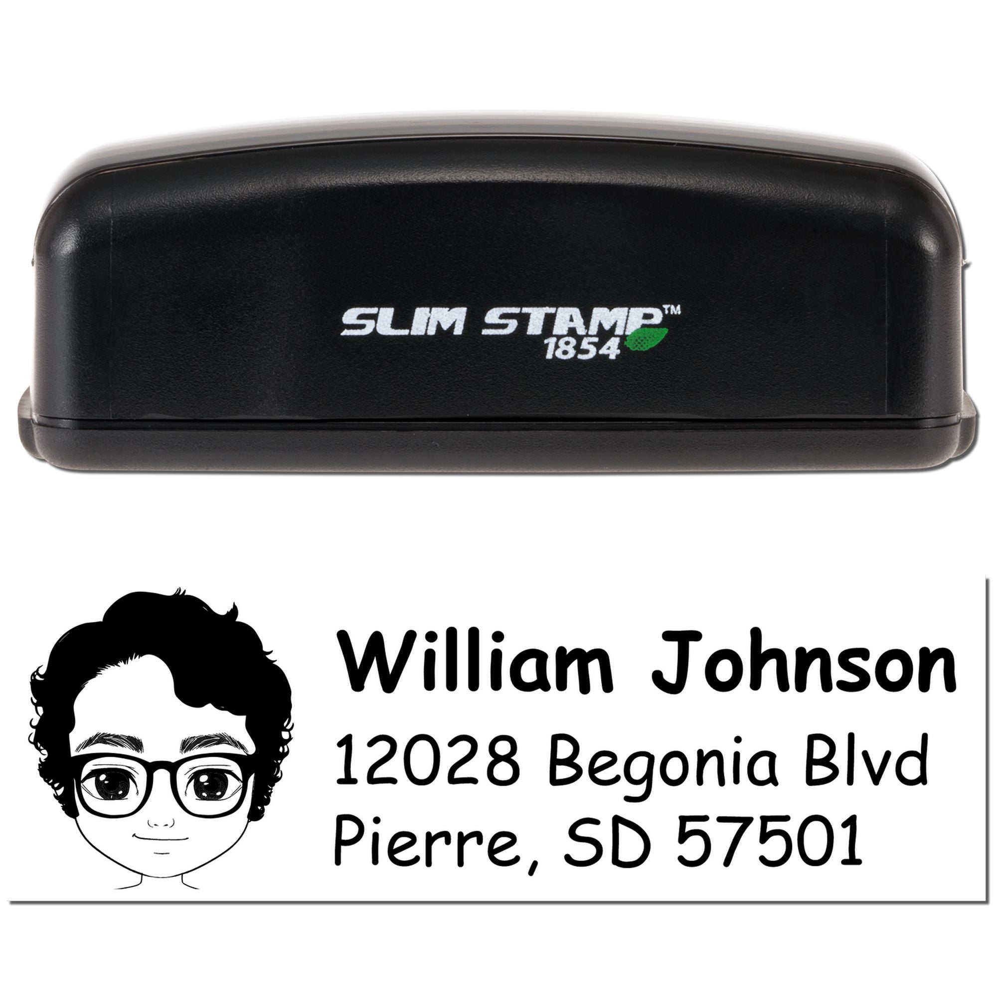 Slim Stamp 1854 self-inking custom rubber stamp with name, address, and cartoon portrait for personalized mailing labels.