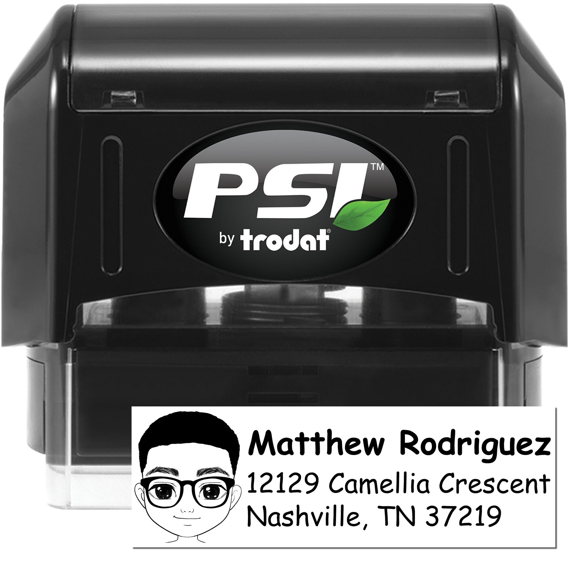 PSI by Trodat self-inking custom address rubber stamp with cartoon portrait for Matthew Rodriguez, Nashville TN 37219
