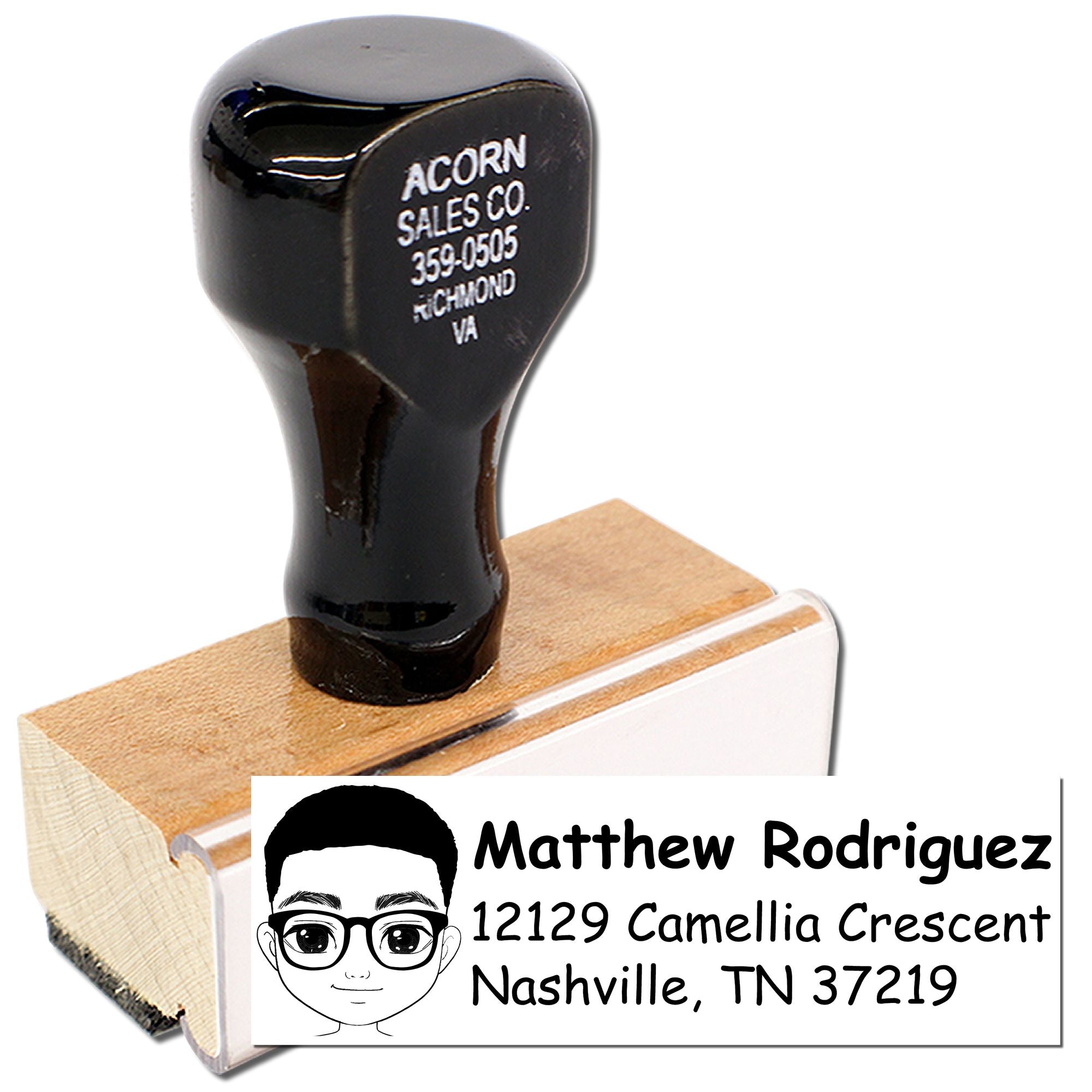 Custom return address rubber stamp with name, avatar icon, and Nashville, TN mailing address for envelopes
