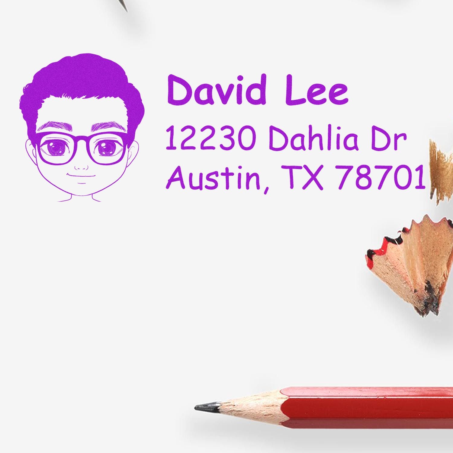Custom rubber address stamp with illustrated portrait for David Lee, 12230 Dahlia Dr, Austin, TX 78701.