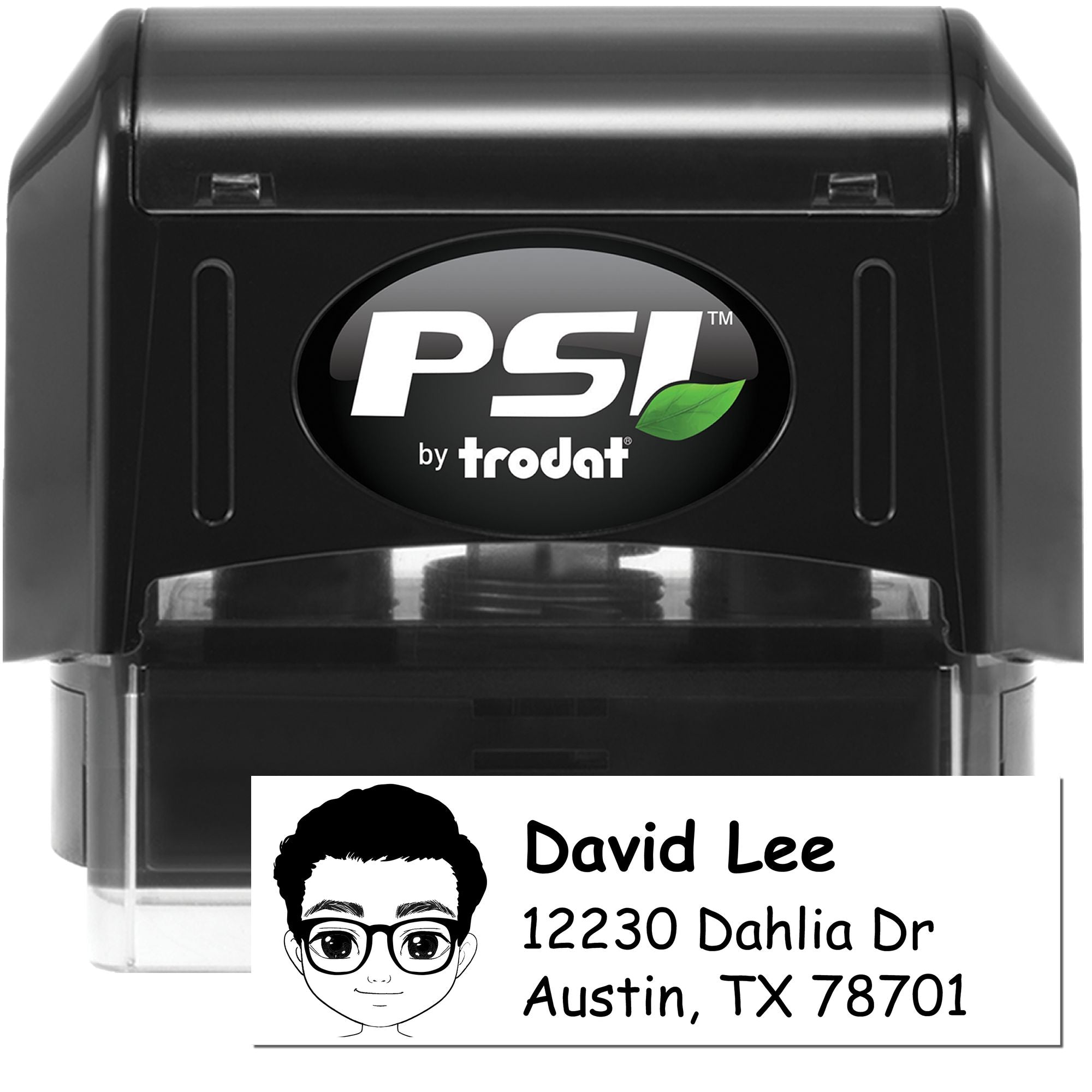 Personalized PSI by Trodat self-inking rubber stamp with custom name and address imprint for mailing and business use.
