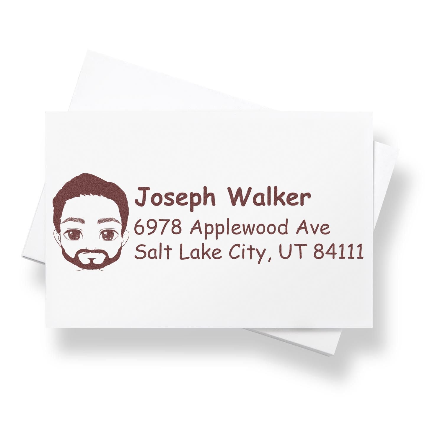 Custom return address rubber stamp with male avatar, Joseph Walker, and Salt Lake City mailing address for envelopes and business mail.
