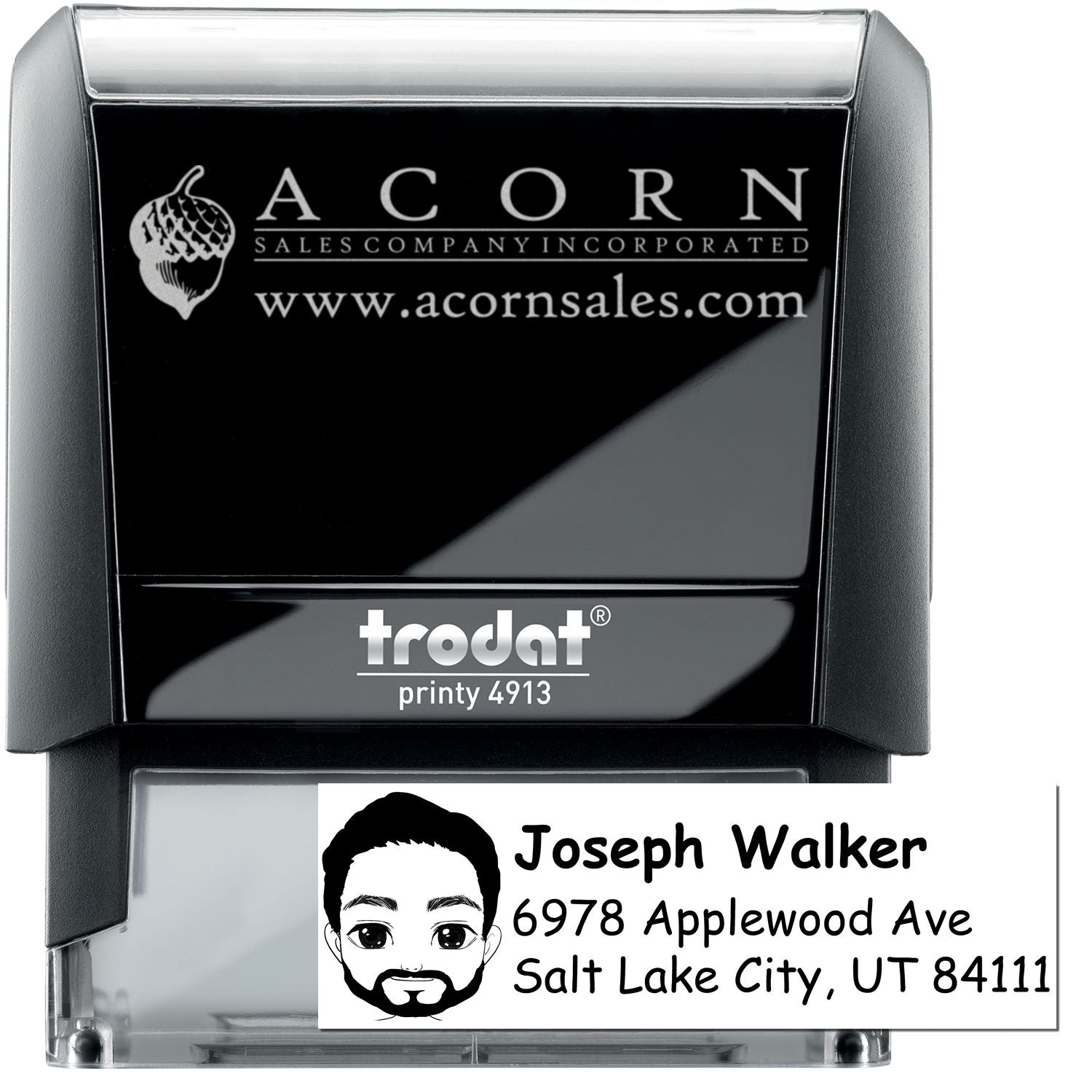 Custom self-inking rubber stamp with logo and personalized address imprint, Trodat Printy 4913 for business use.