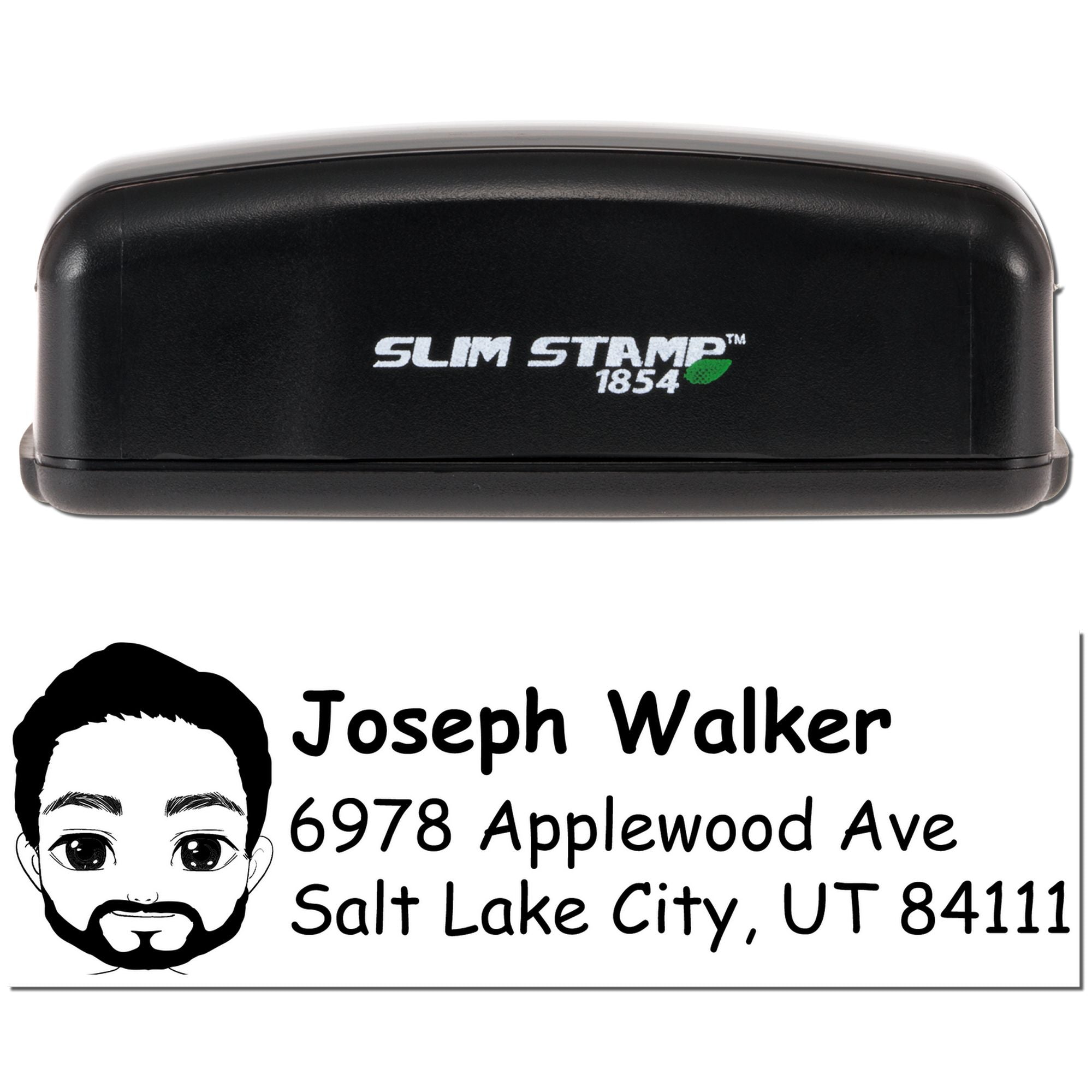 Slim Stamp 1854 custom self-inking rubber address stamp with name, portrait icon, and Salt Lake City, UT mailing address.